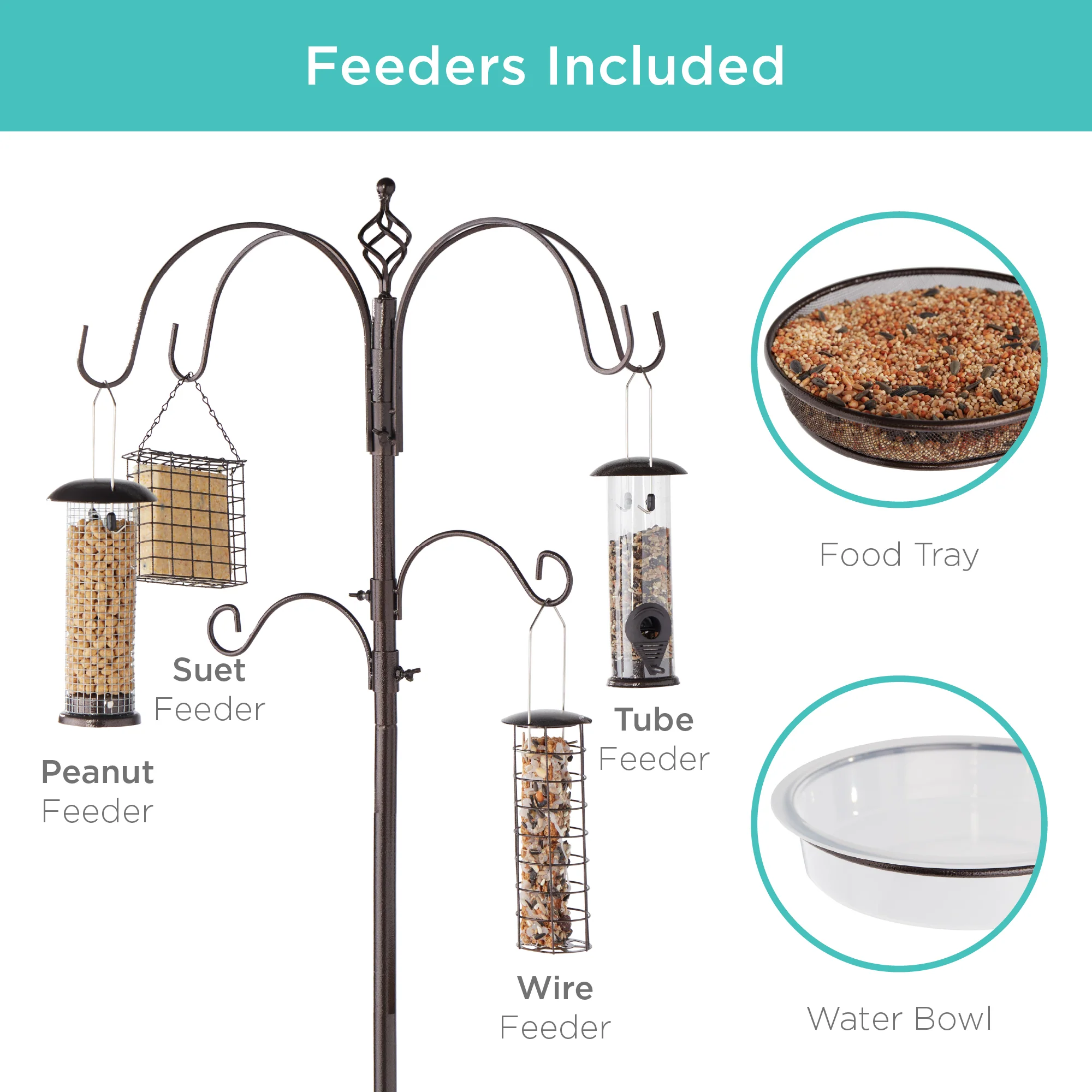 Bird Feeding Station, 6-Hook Steel Multi-Feeder Stand w/ 4 Feeders - 89in - Image 9
