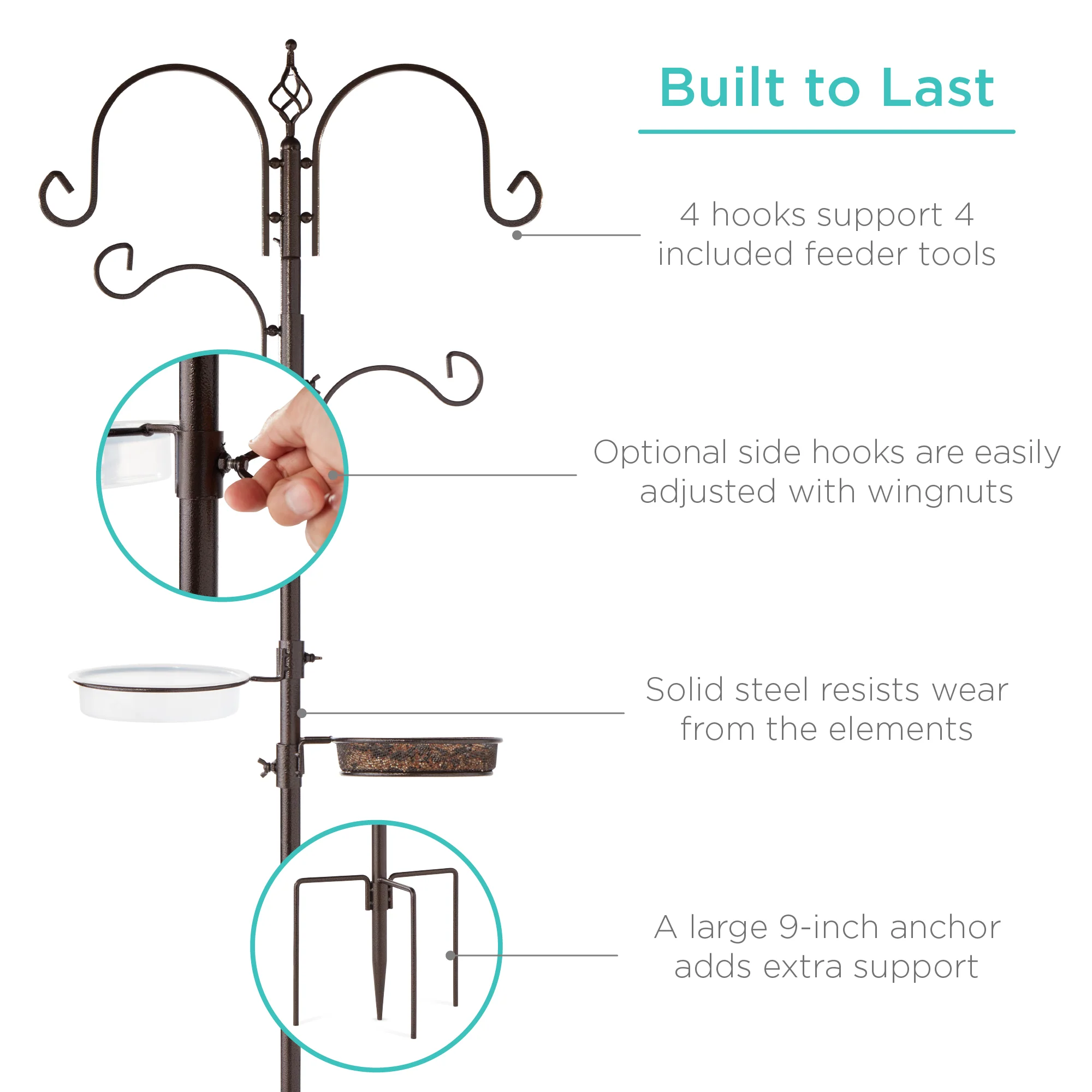 4-Hook Bird Feeding Station, Steel Feeder Stand w/ 2 Bird Feeders - 91in - Image 12