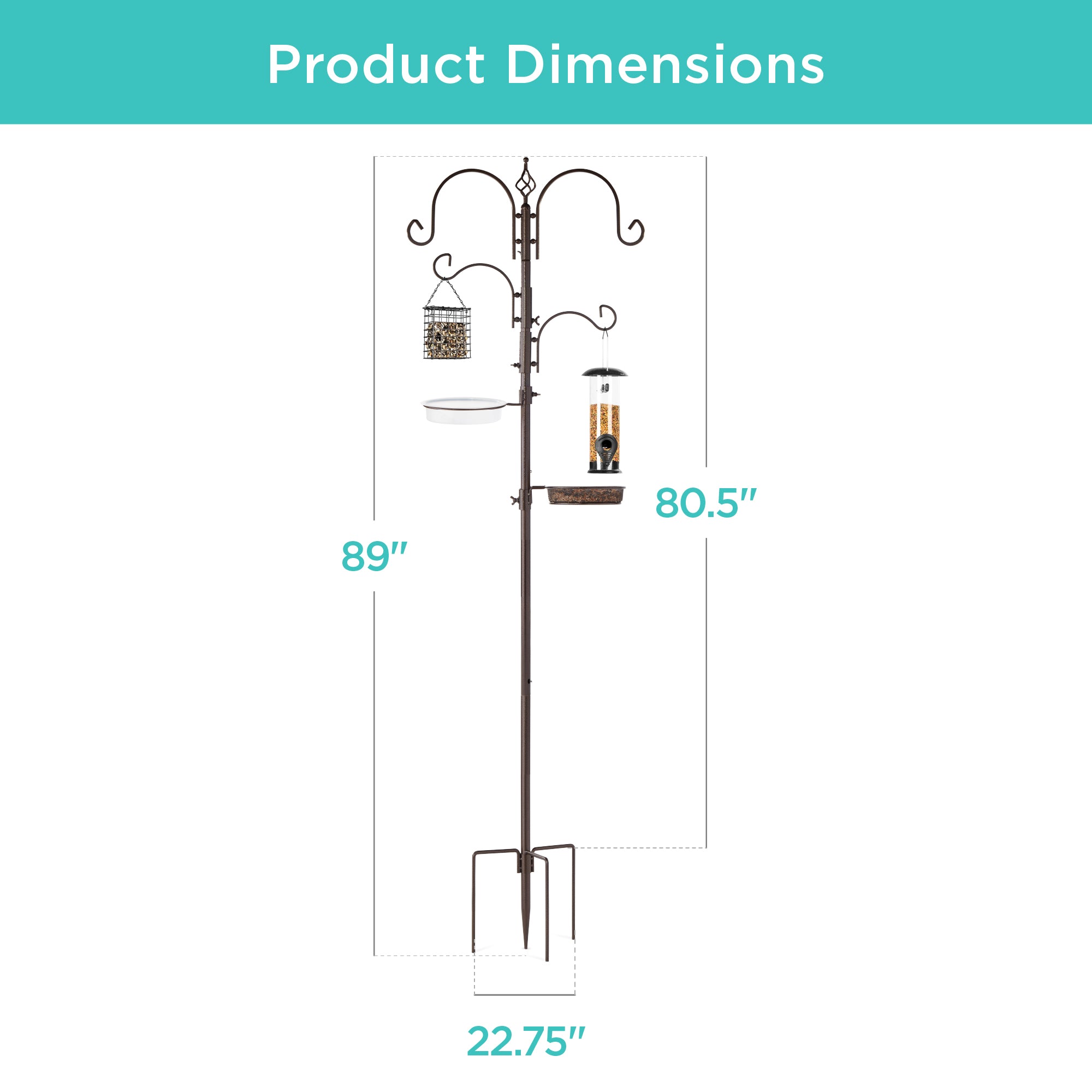 4-Hook Bird Feeding Station, Steel Feeder Stand w/ 2 Bird Feeders - 91in - Image 14