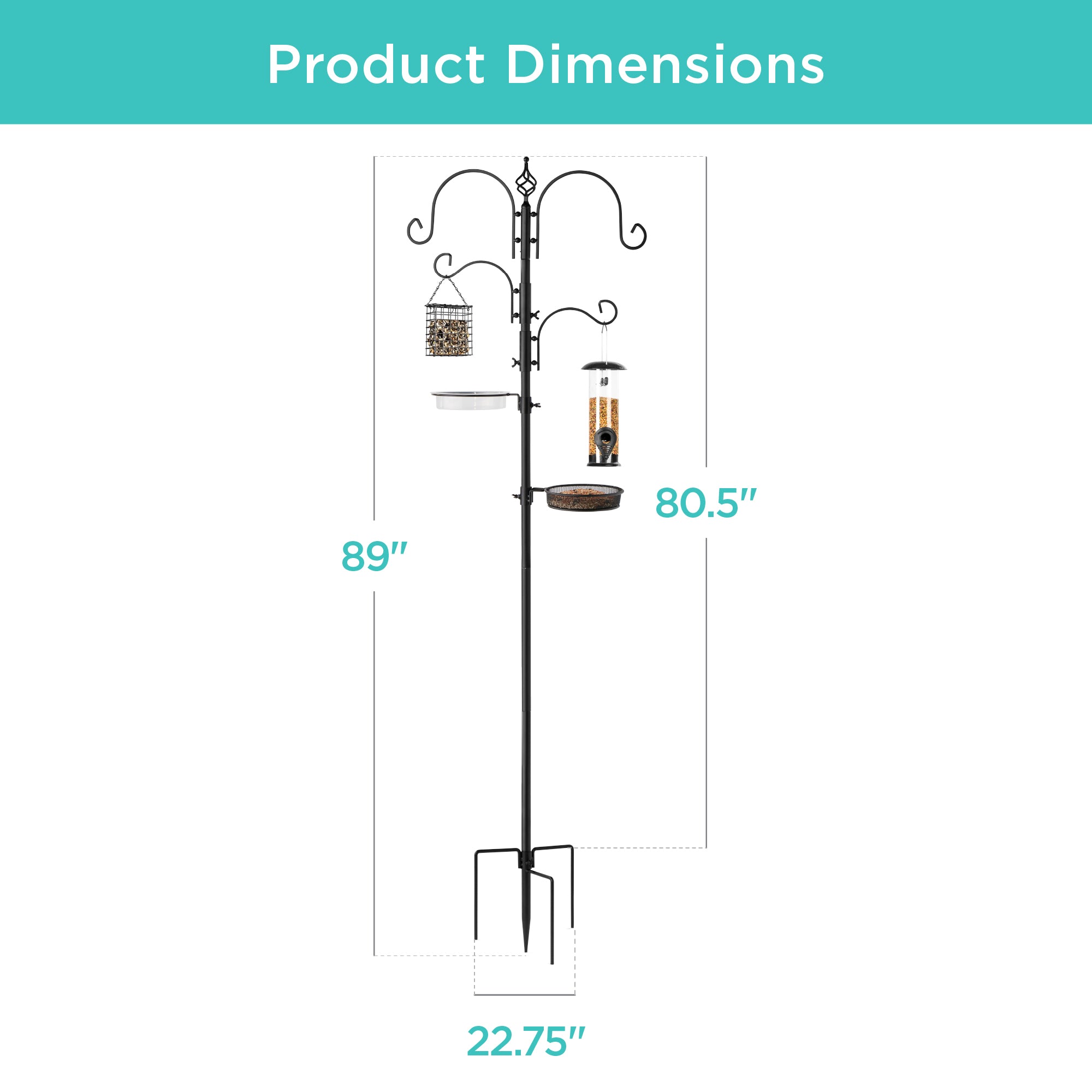 4-Hook Bird Feeding Station, Steel Feeder Stand w/ 2 Bird Feeders - 91in - Image 7