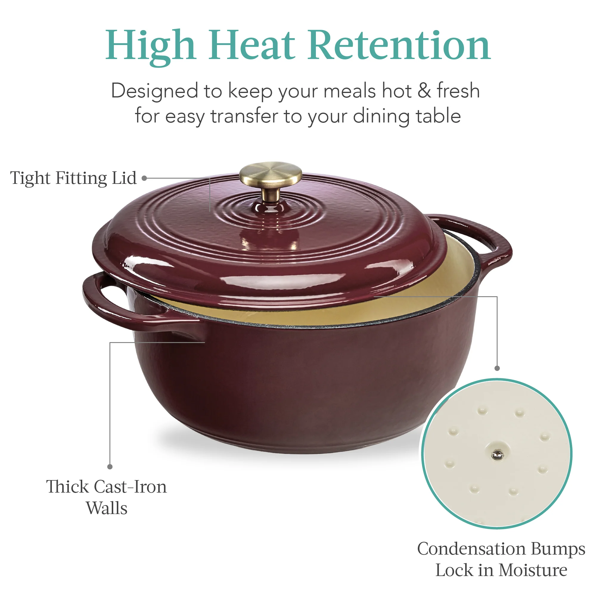 Cast-Iron Dutch Oven Kitchen Cookware w/ Enamel, Handles - 7.5qt - Image 40