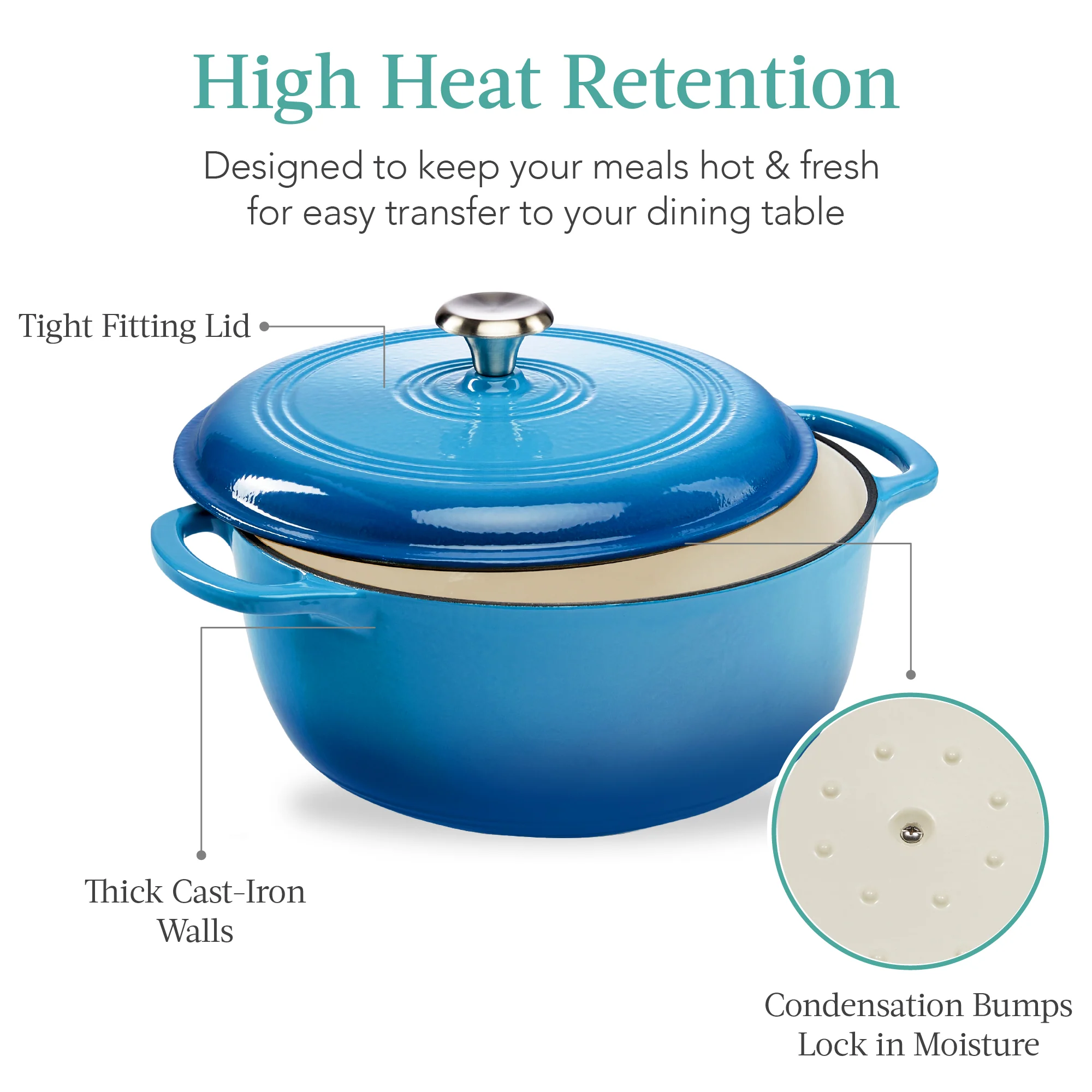 Cast-Iron Dutch Oven Kitchen Cookware w/ Enamel, Handles - 7.5qt - Image 5