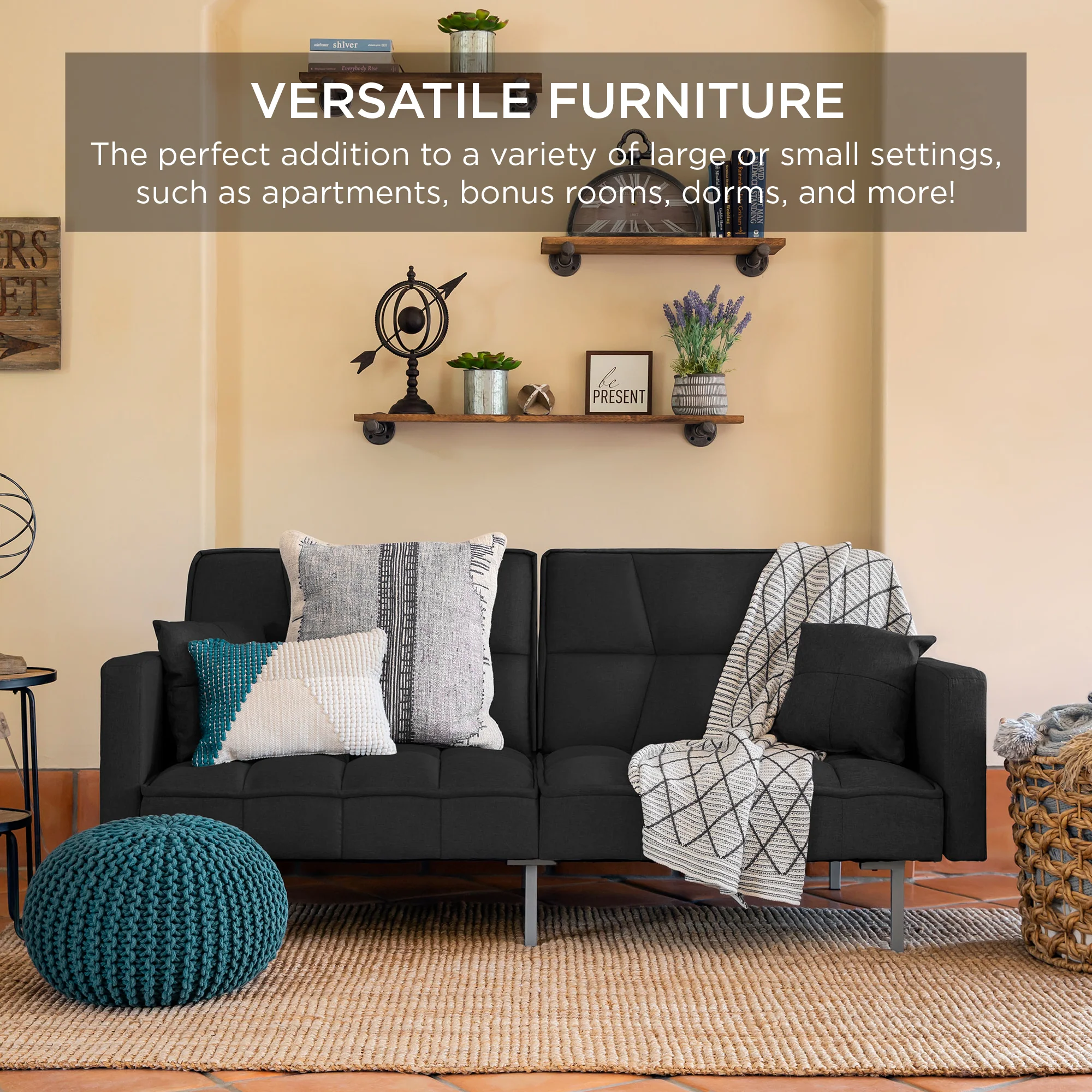 Convertible Linen Tufted Futon w/ 2 Plush Pillows, Split-Back Design - Image 13