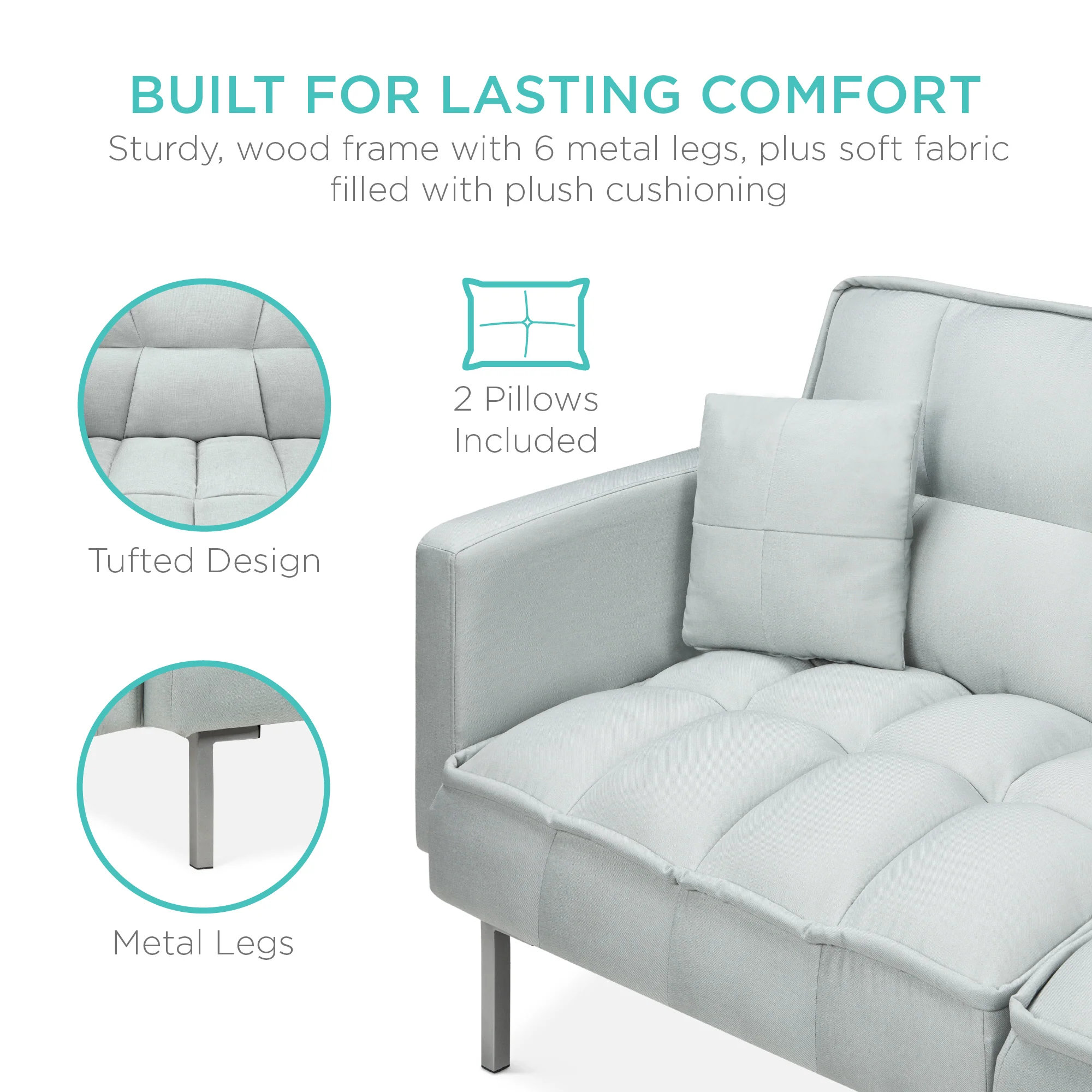 Convertible Linen Tufted Futon w/ 2 Plush Pillows, Split-Back Design - Image 19