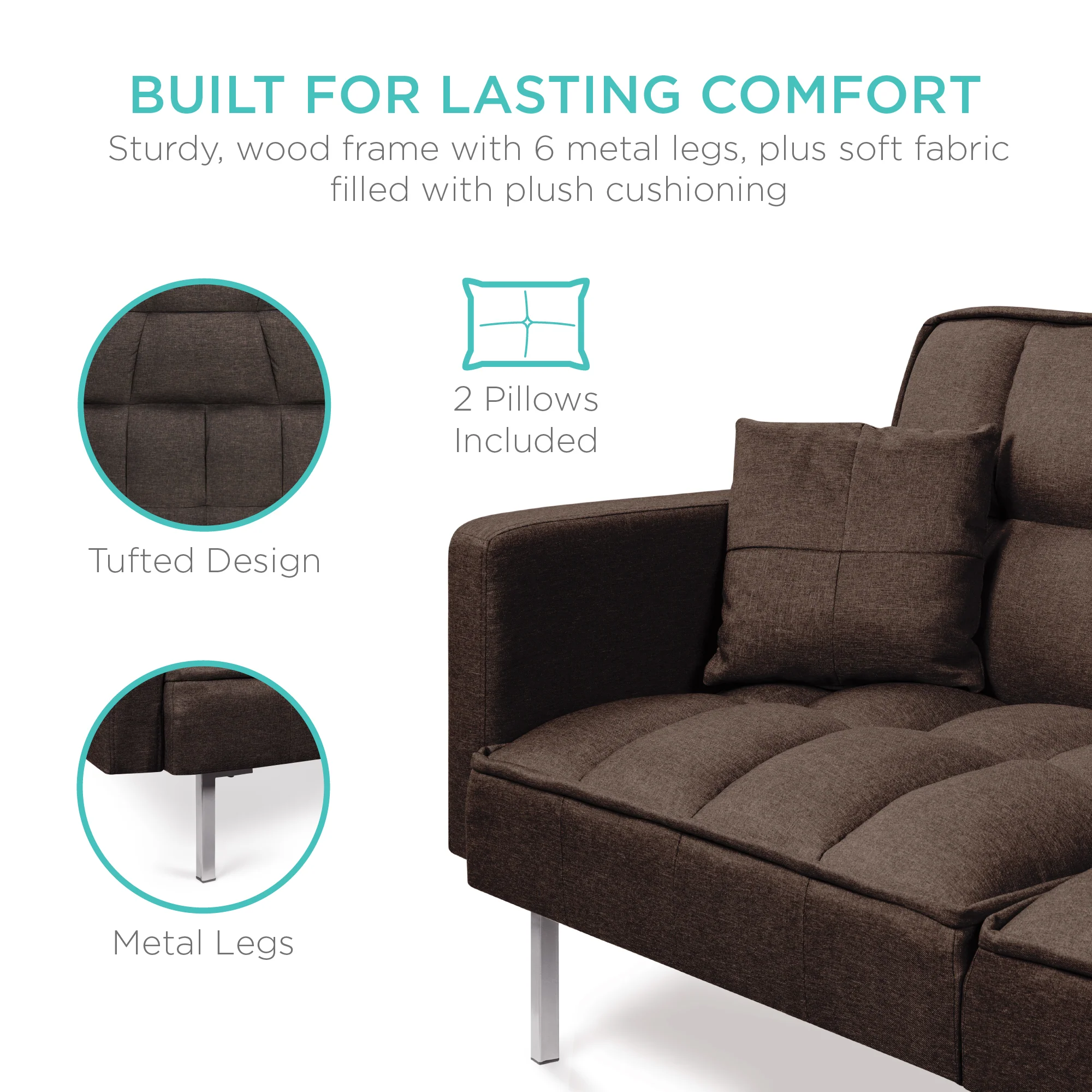 Convertible Linen Tufted Futon w/ 2 Plush Pillows, Split-Back Design - Image 5