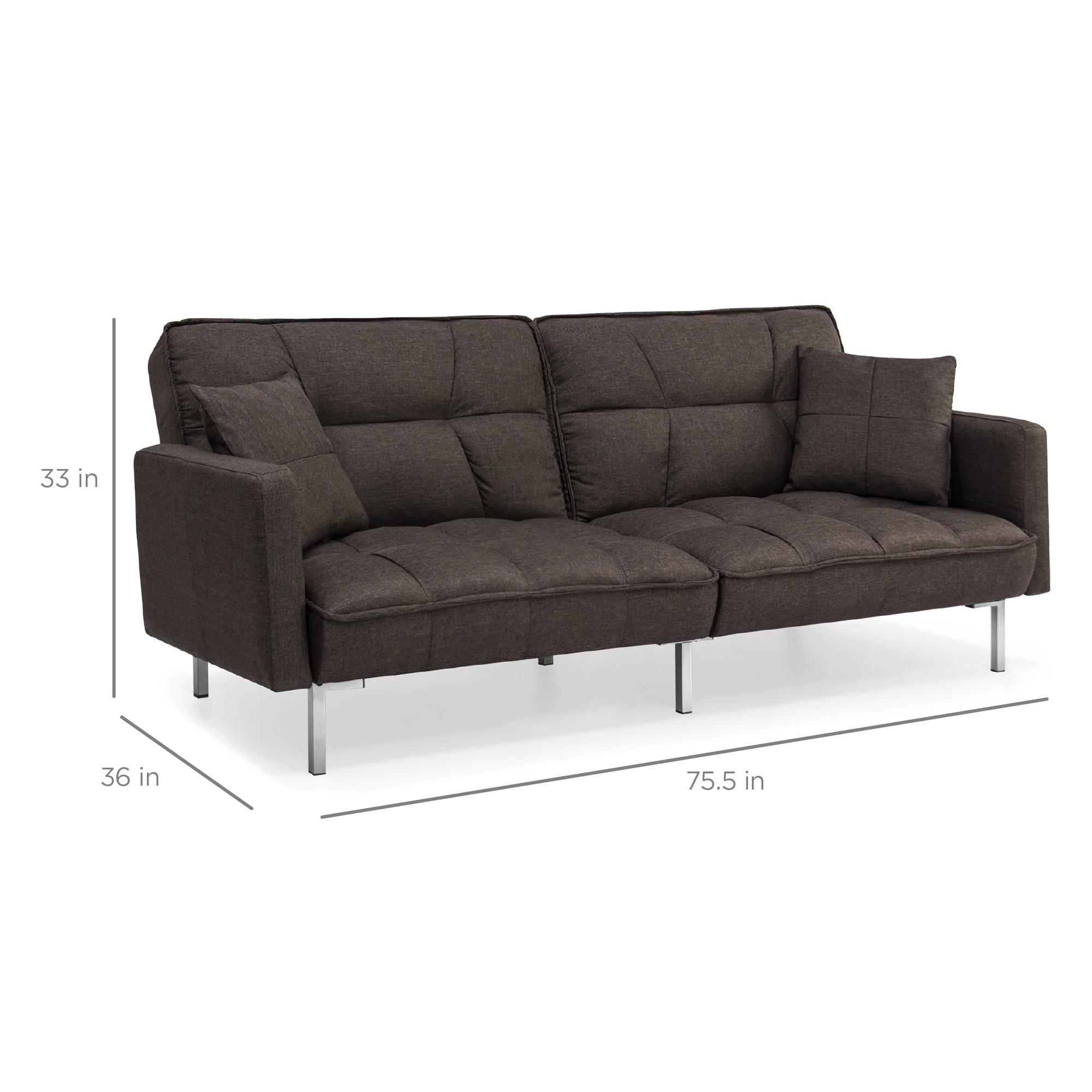 Convertible Linen Tufted Futon w/ 2 Plush Pillows, Split-Back Design - Image 7