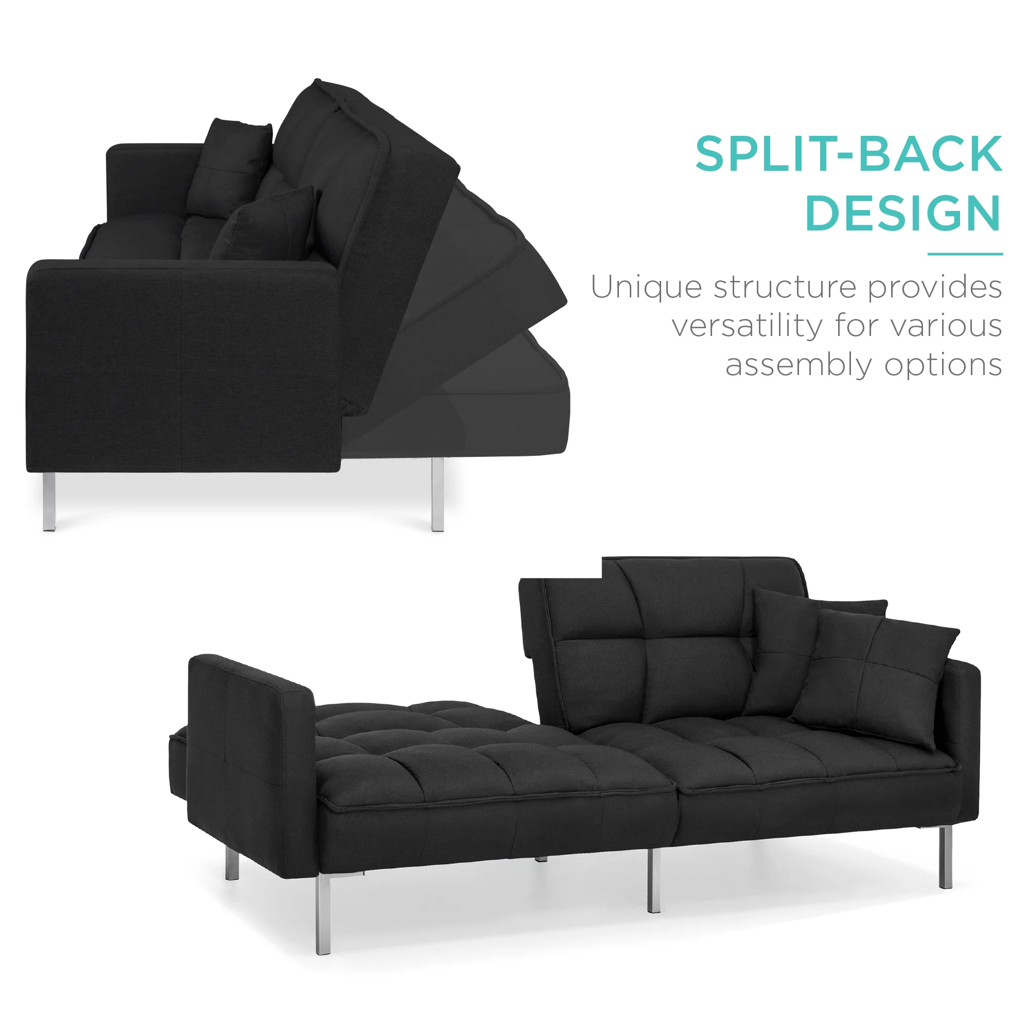 Convertible Linen Tufted Futon w/ 2 Plush Pillows, Split-Back Design - Image 9