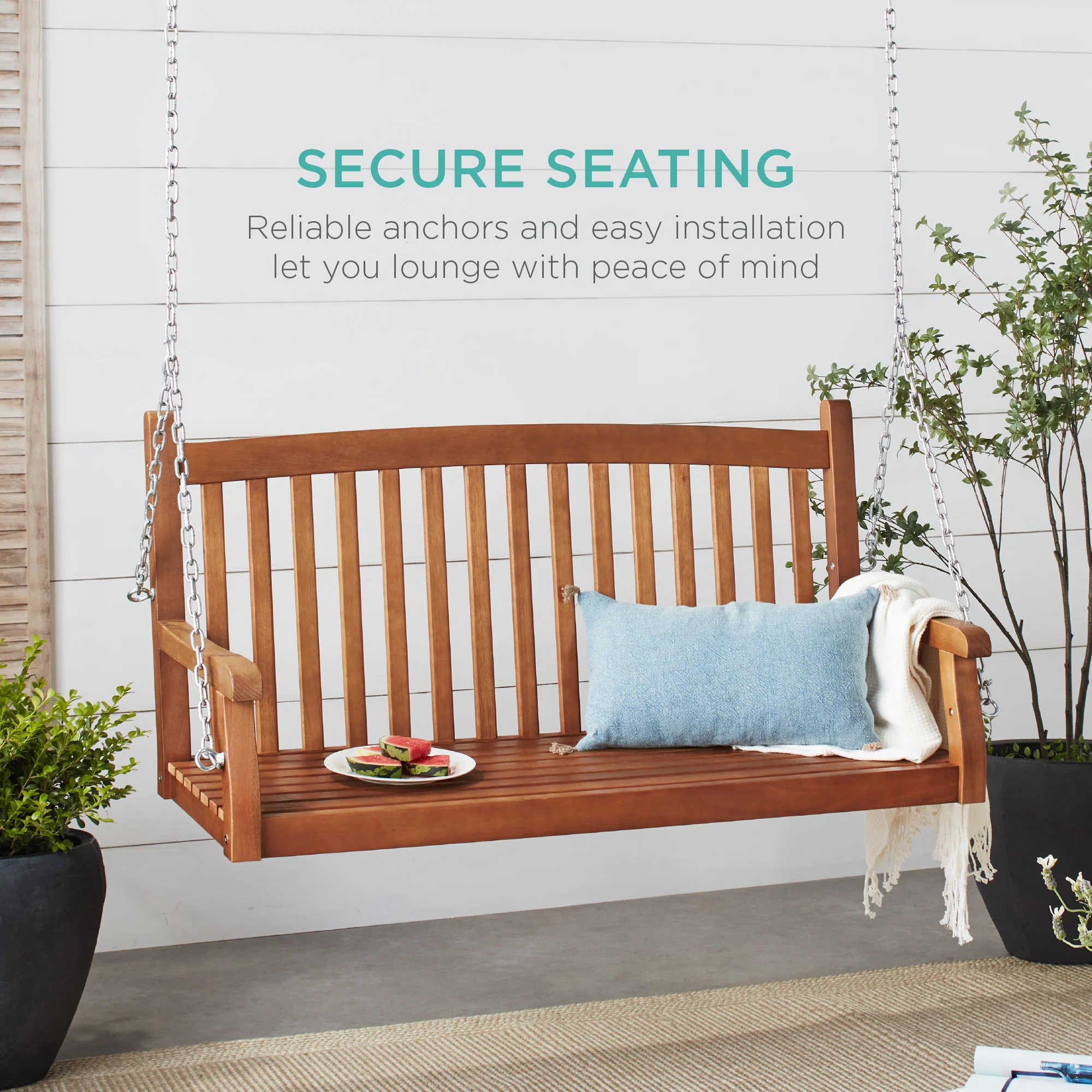 Wooden Curved Back Hanging Porch Swing Bench w/ Mounting Chains - 48in - Image 10