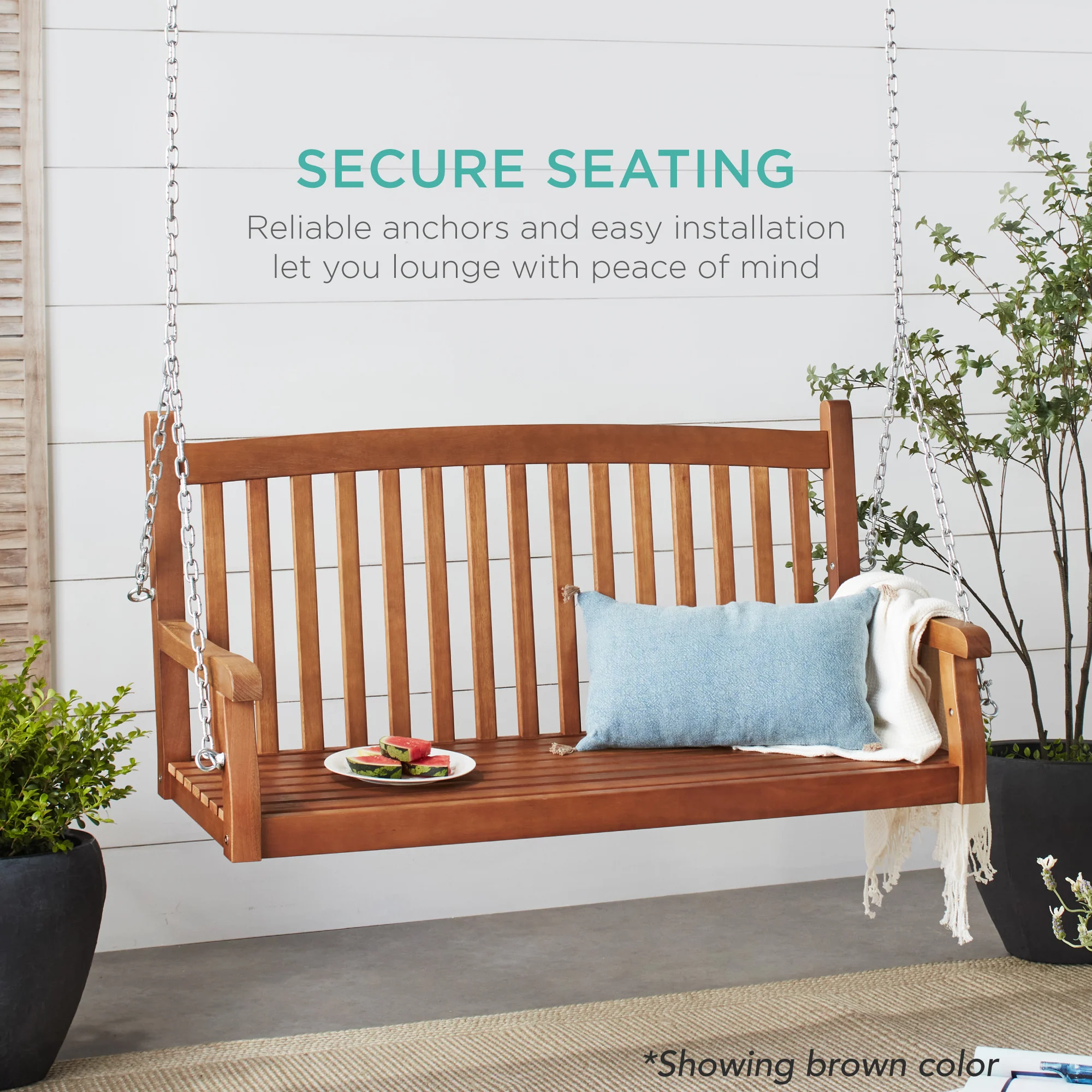 Wooden Curved Back Hanging Porch Swing Bench w/ Mounting Chains - 48in - Image 3