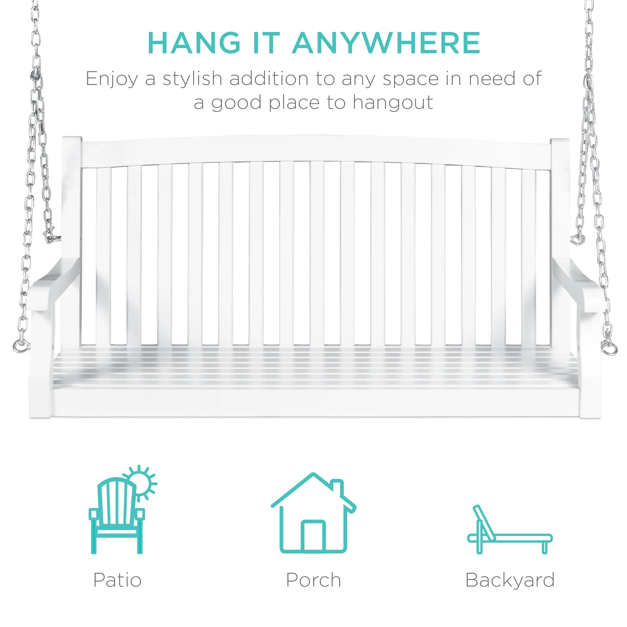 Wooden Curved Back Hanging Porch Swing Bench w/ Mounting Chains - 48in - Image 5