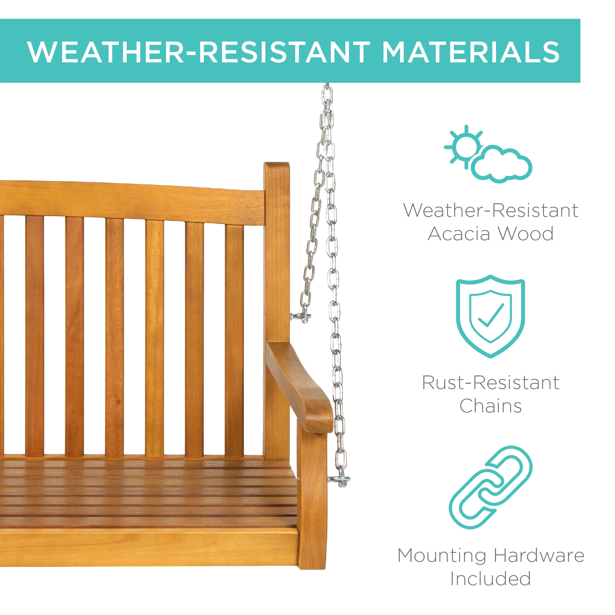 Wooden Curved Back Hanging Porch Swing Bench w/ Mounting Chains - 48in - Image 9