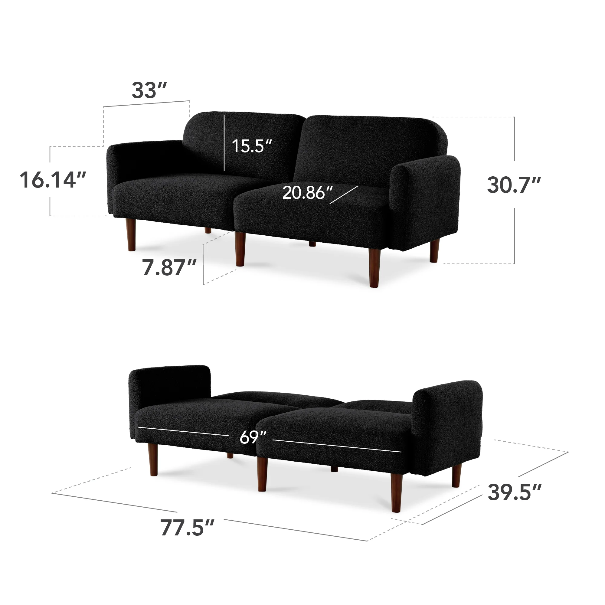 Curved Convertible Futon, Boucle Fabric Split-Back Sleeper Bed - Image 11