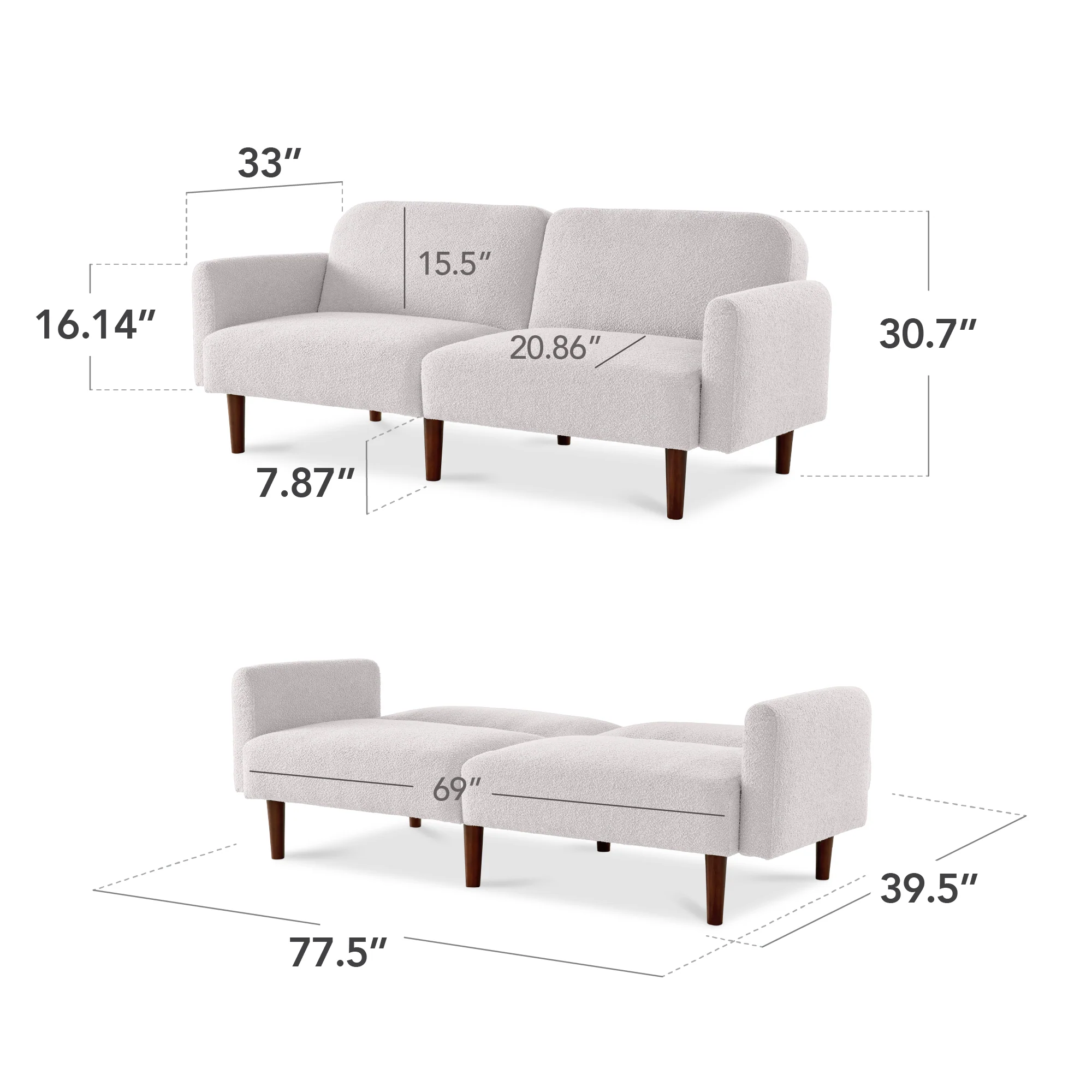 Curved Convertible Futon, Boucle Fabric Split-Back Sleeper Bed - Image 2