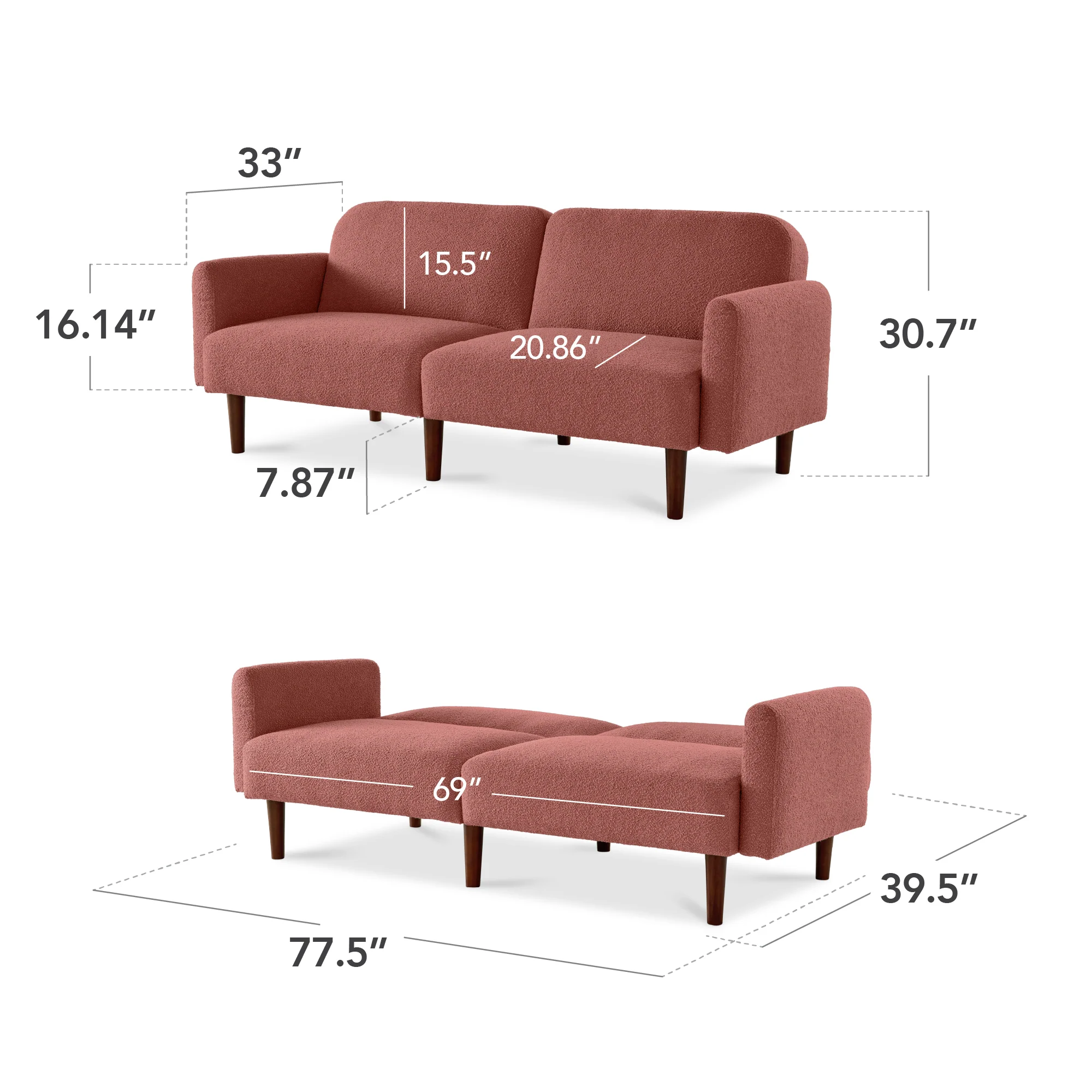 Curved Convertible Futon, Boucle Fabric Split-Back Sleeper Bed - Image 20