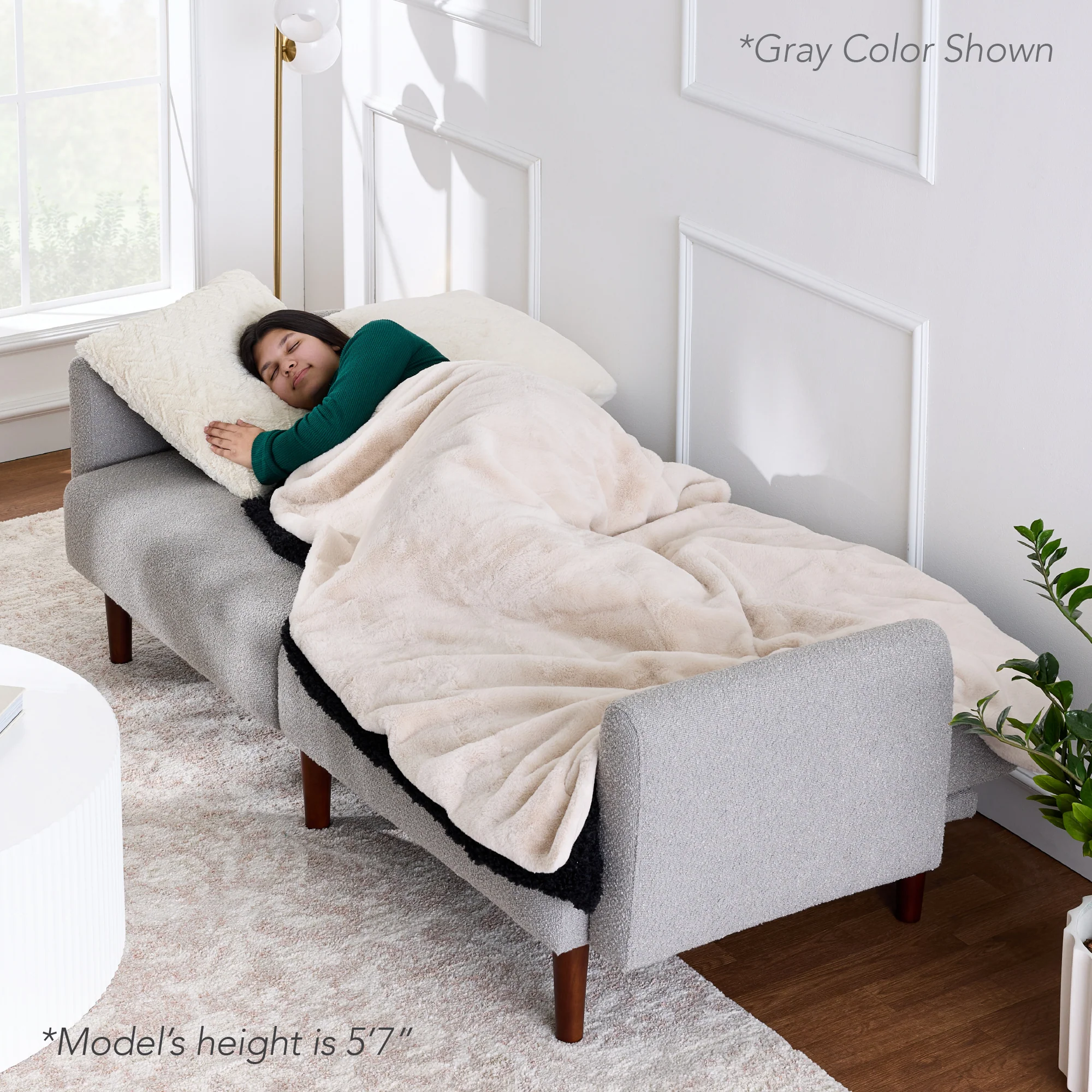 Curved Convertible Futon, Boucle Fabric Split-Back Sleeper Bed - Image 32