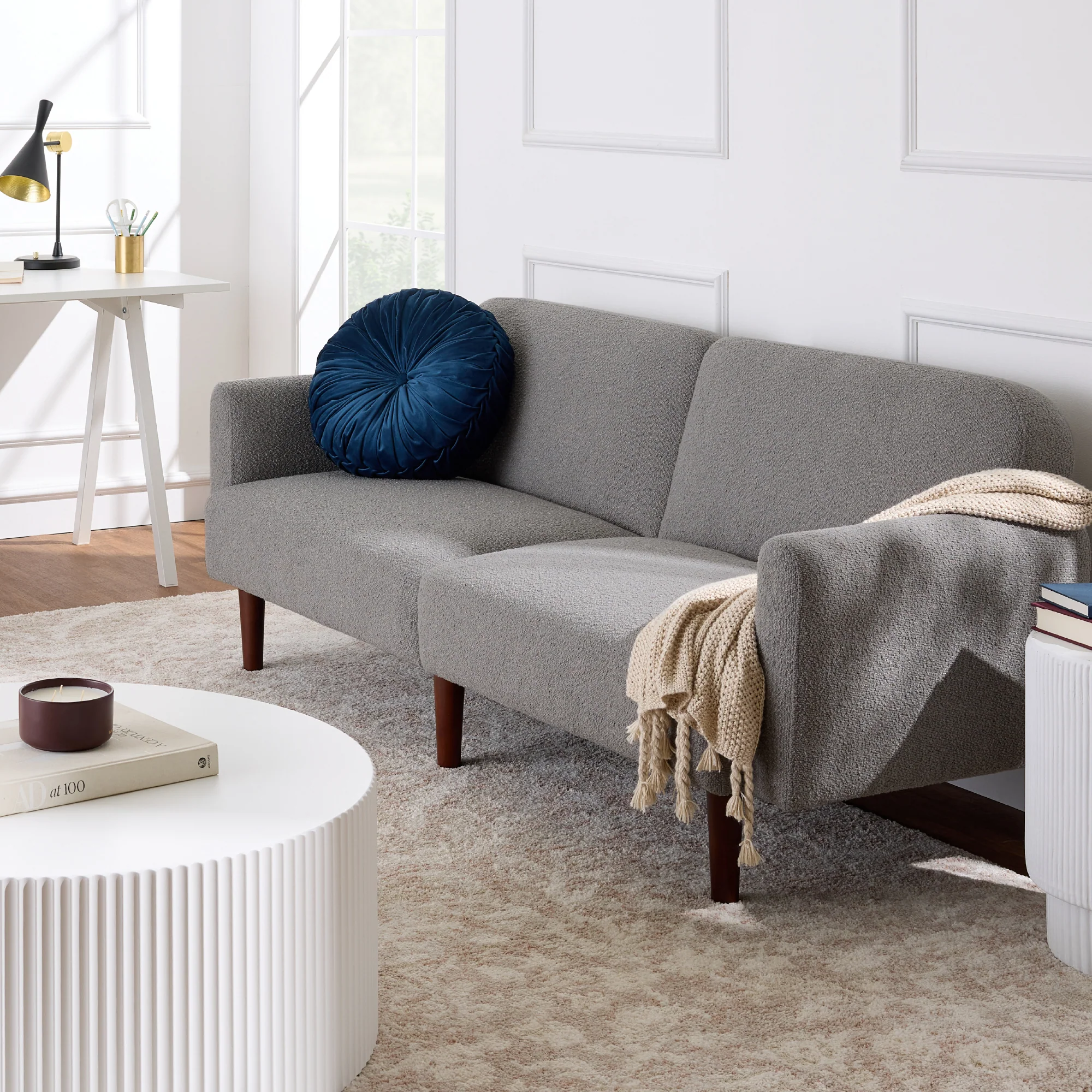 Curved Convertible Futon, Boucle Fabric Split-Back Sleeper Bed - Image 36