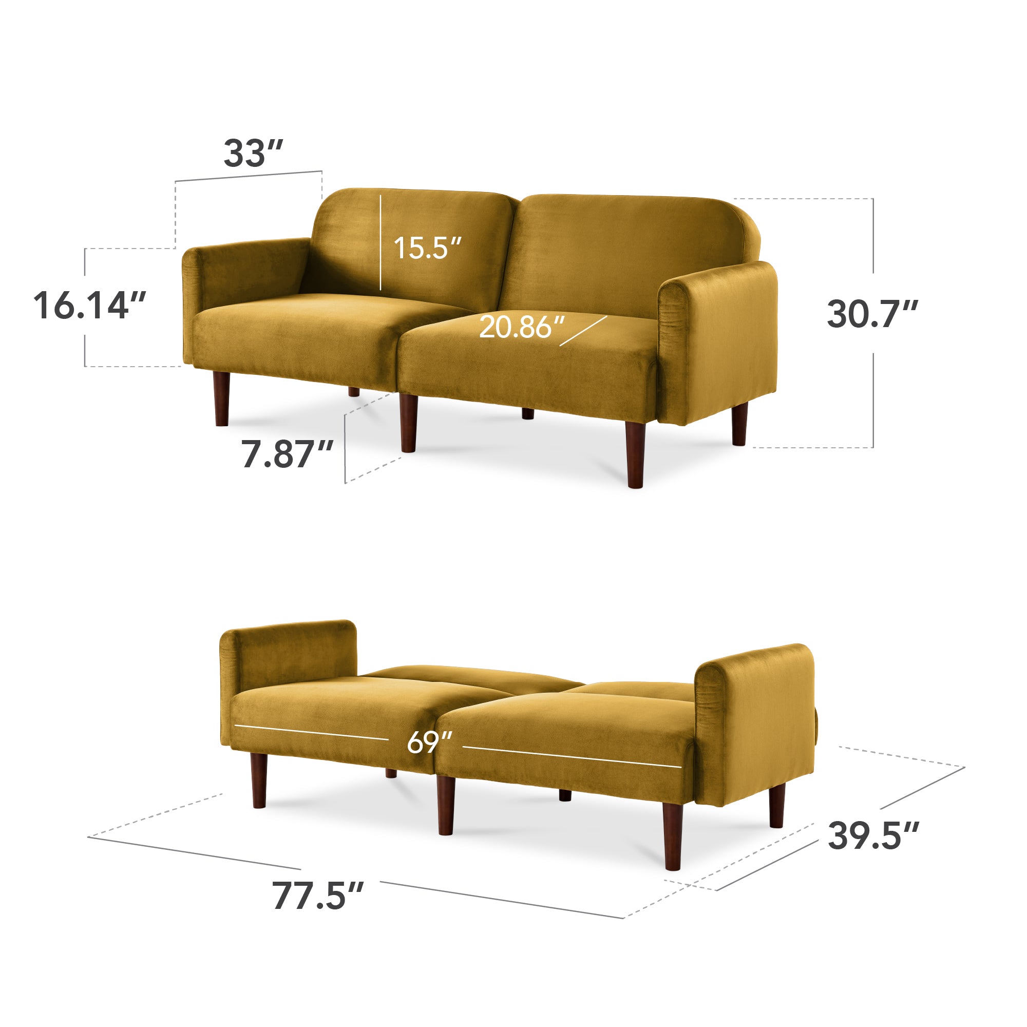 Curved Convertible Futon, Velvet Fabric Split-Back Sleeper Bed - Image 11