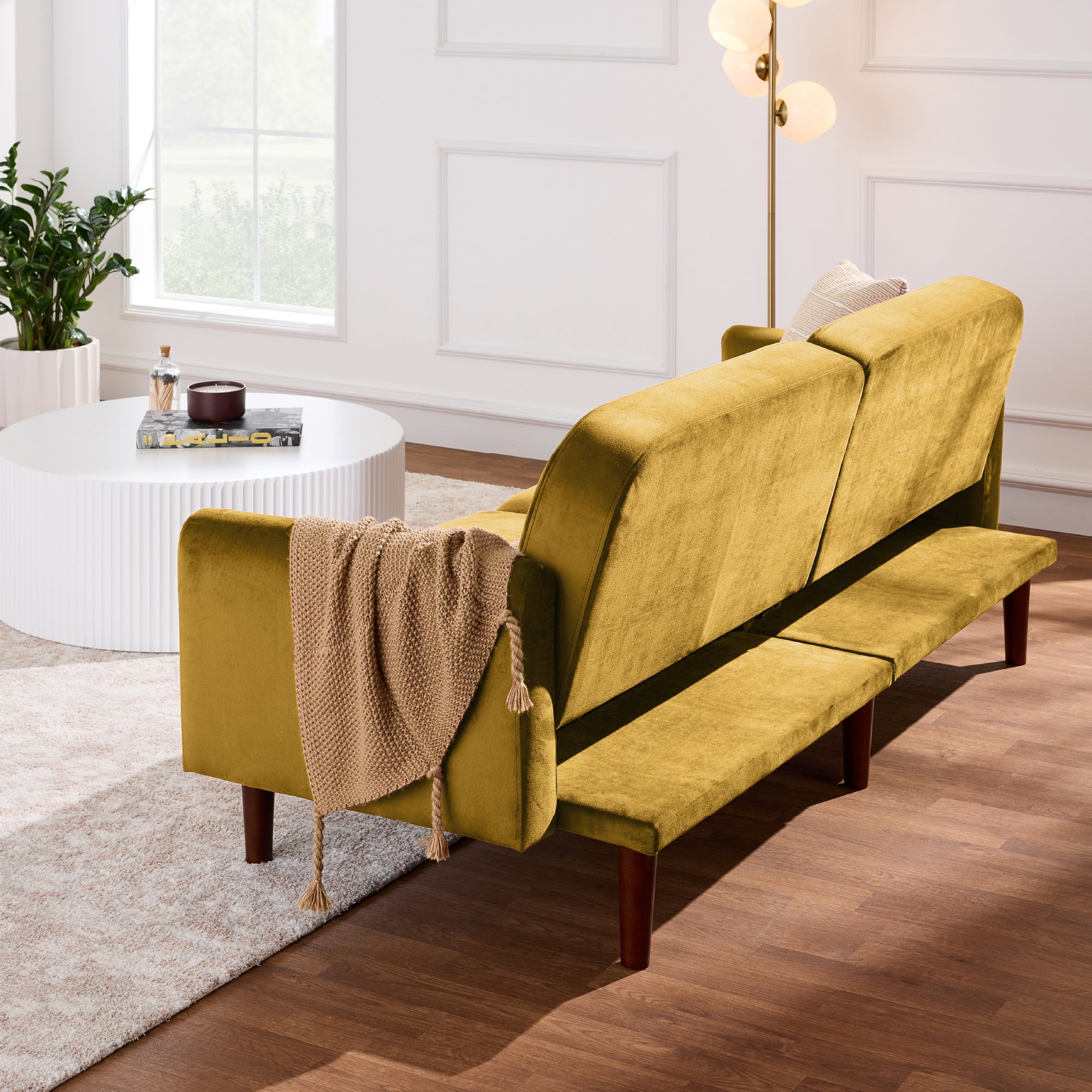 Curved Convertible Futon, Velvet Fabric Split-Back Sleeper Bed - Image 17
