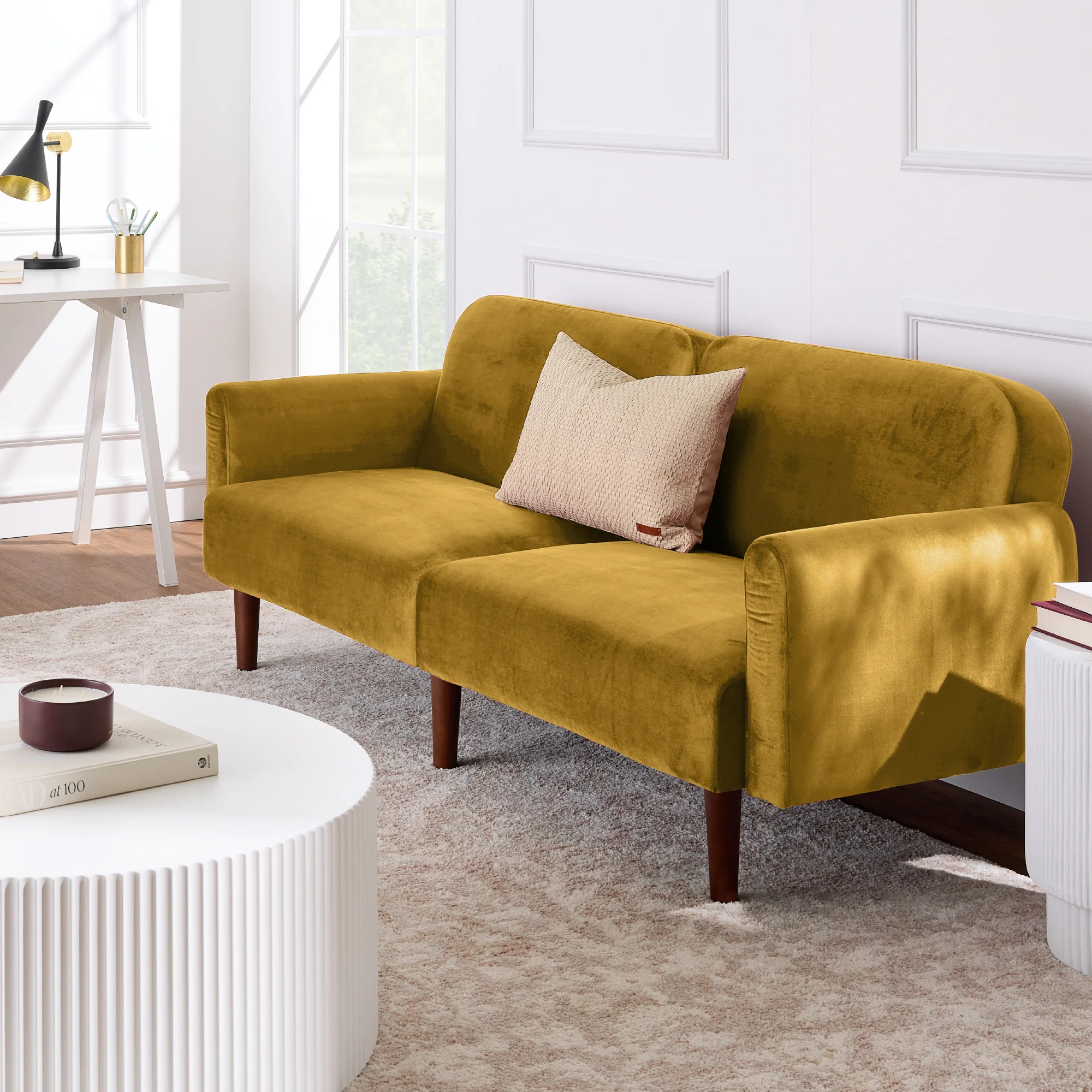Curved Convertible Futon, Velvet Fabric Split-Back Sleeper Bed - Image 18