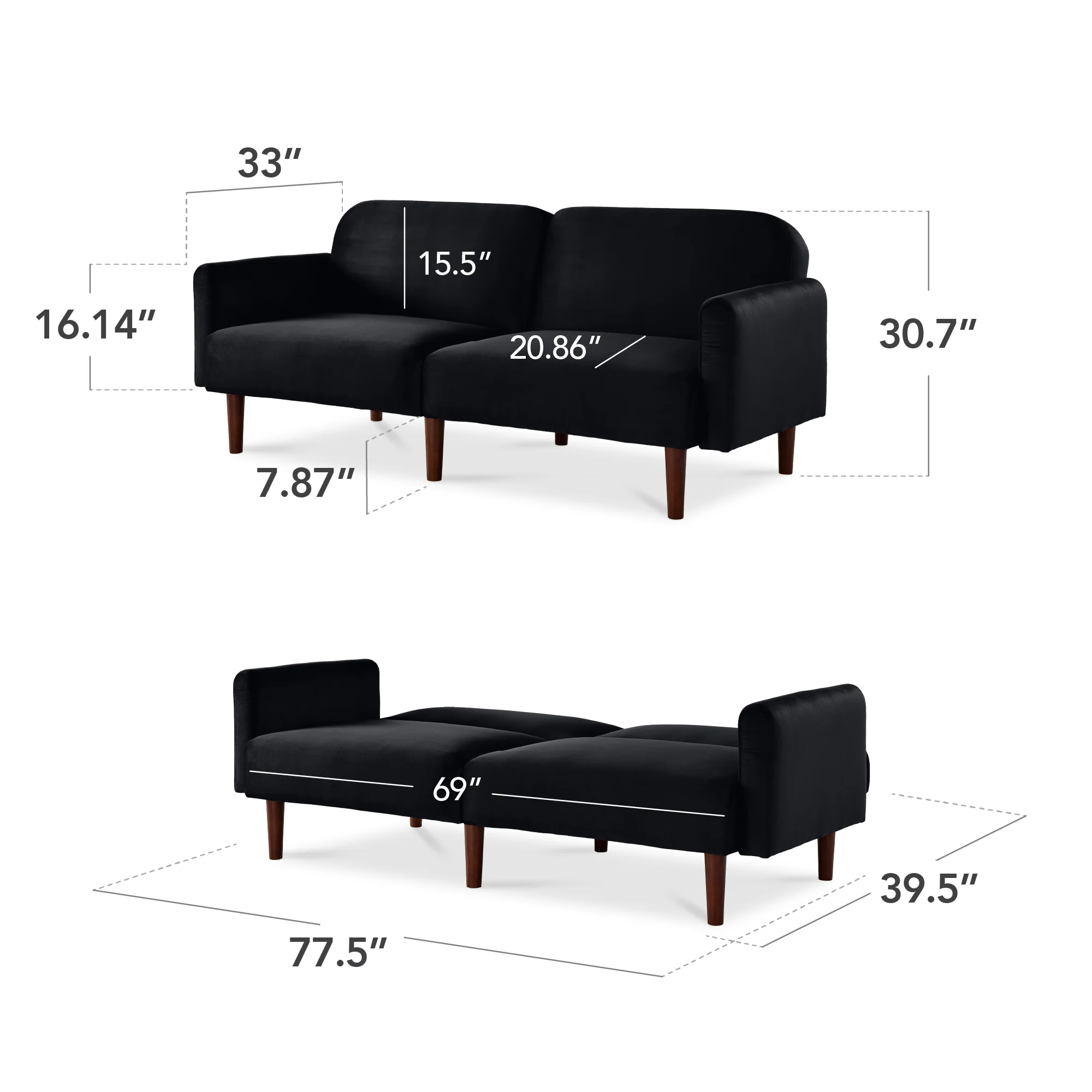 Curved Convertible Futon, Velvet Fabric Split-Back Sleeper Bed - Image 20