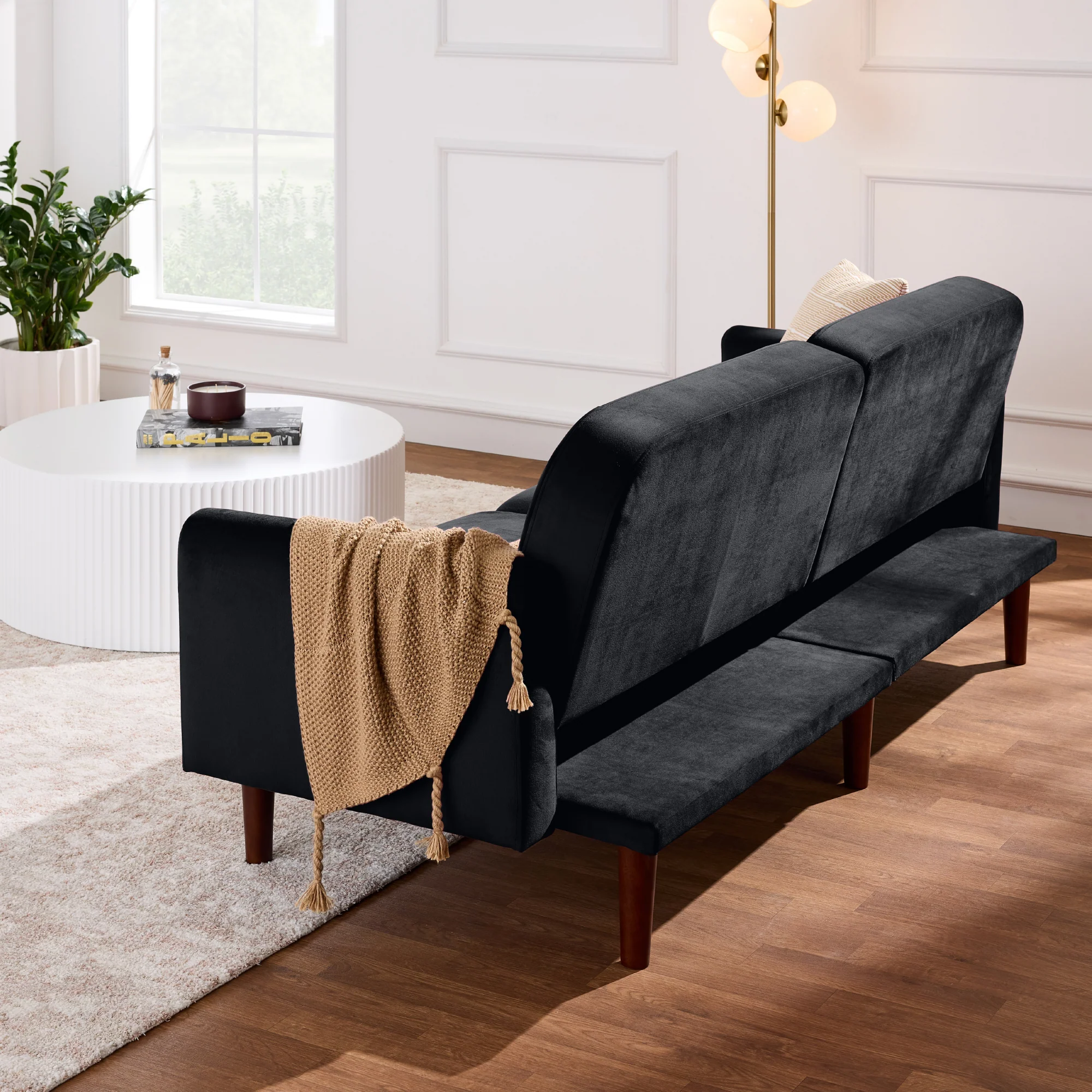 Curved Convertible Futon, Velvet Fabric Split-Back Sleeper Bed - Image 26