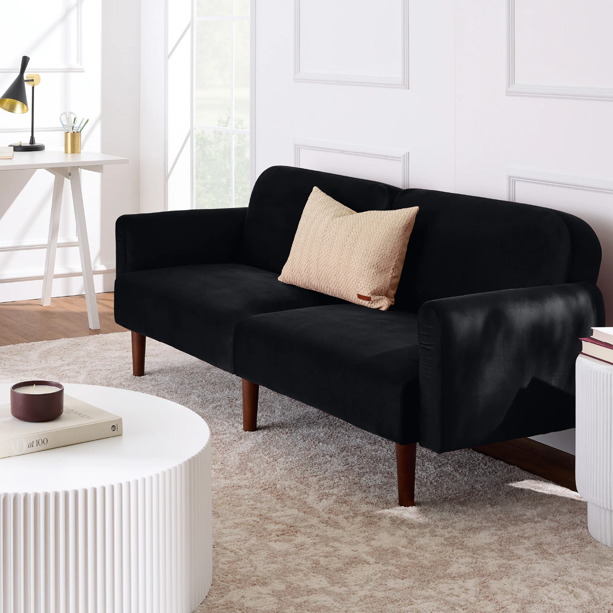 Curved Convertible Futon, Velvet Fabric Split-Back Sleeper Bed - Image 27