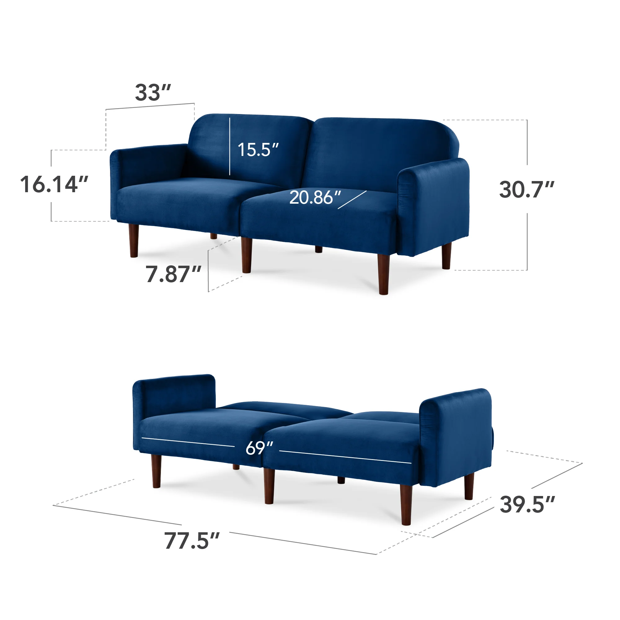 Curved Convertible Futon, Velvet Fabric Split-Back Sleeper Bed - Image 29