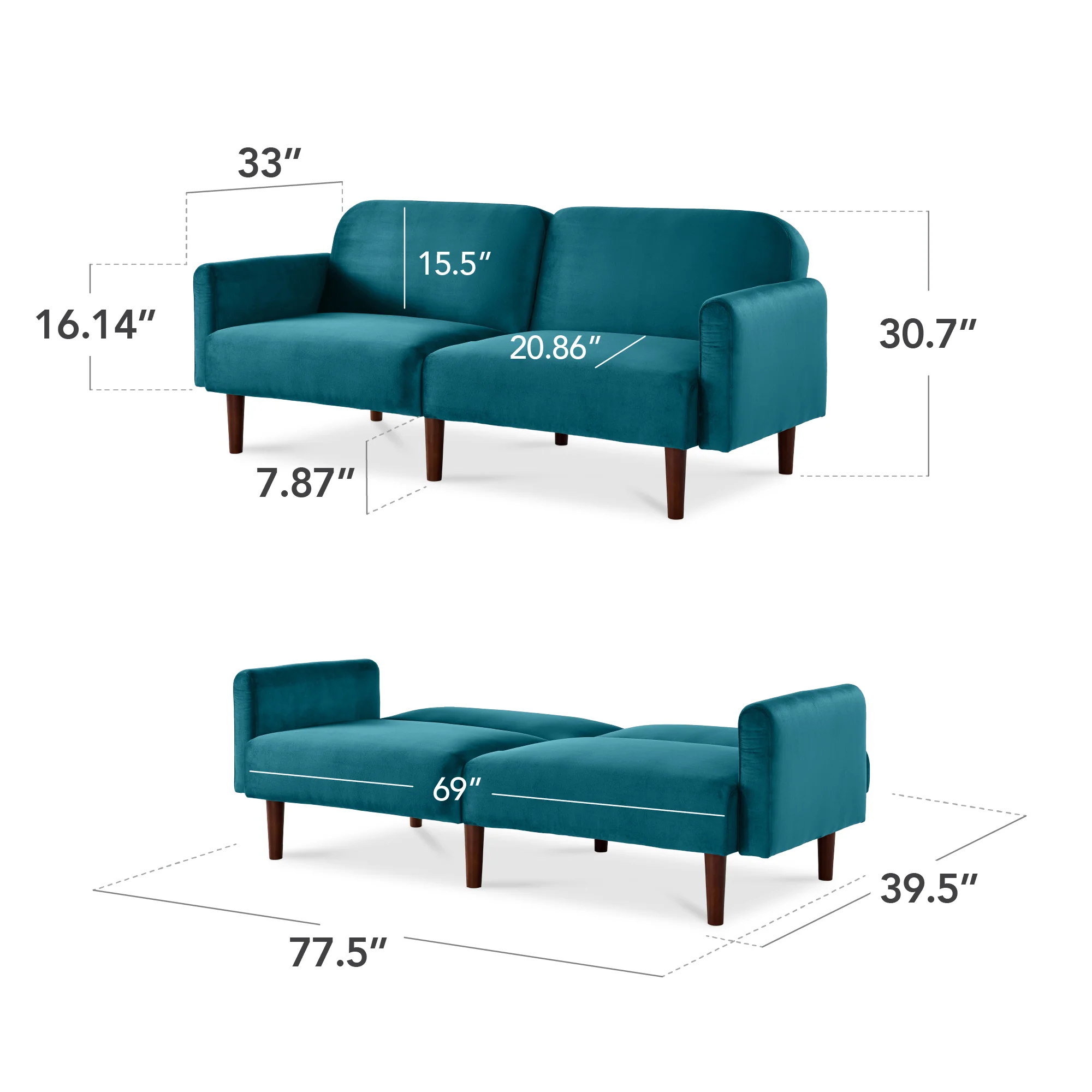 Curved Convertible Futon, Velvet Fabric Split-Back Sleeper Bed - Image 38