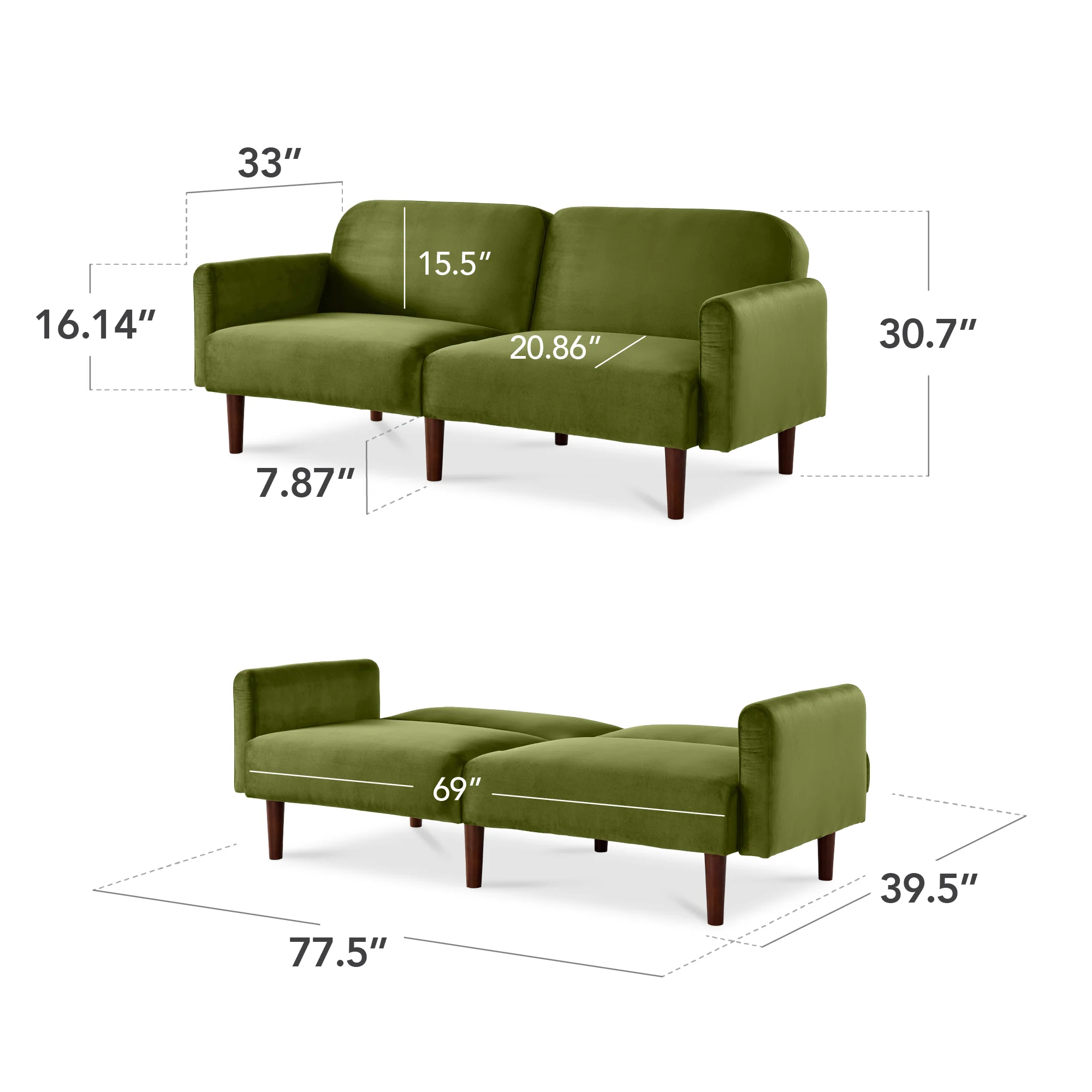 Curved Convertible Futon, Velvet Fabric Split-Back Sleeper Bed - Image 56