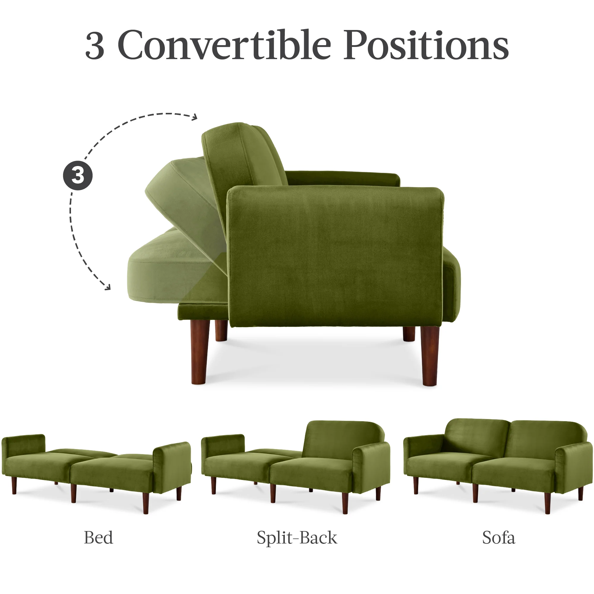 Curved Convertible Futon, Velvet Fabric Split-Back Sleeper Bed - Image 61
