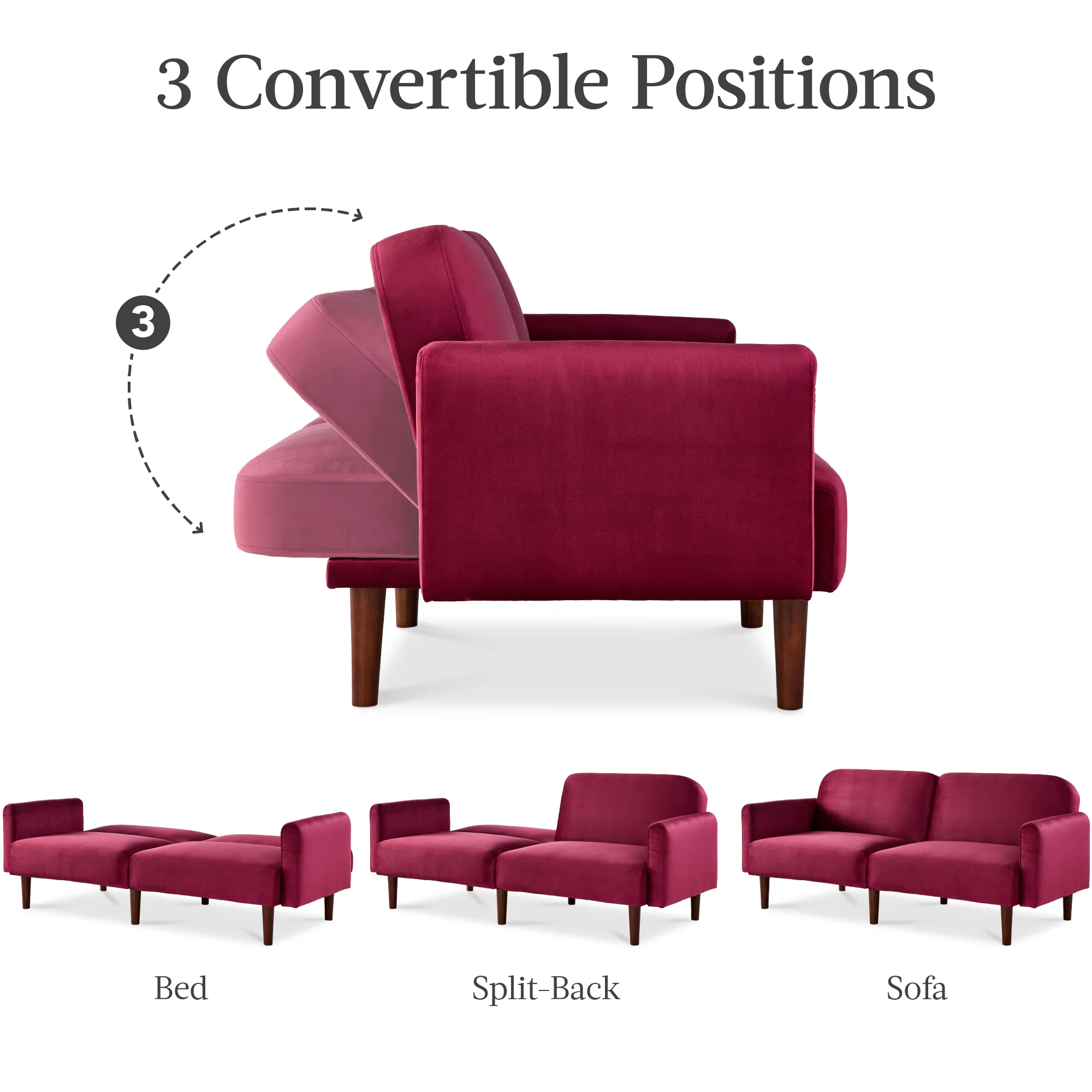 Curved Convertible Futon, Velvet Fabric Split-Back Sleeper Bed - Image 7