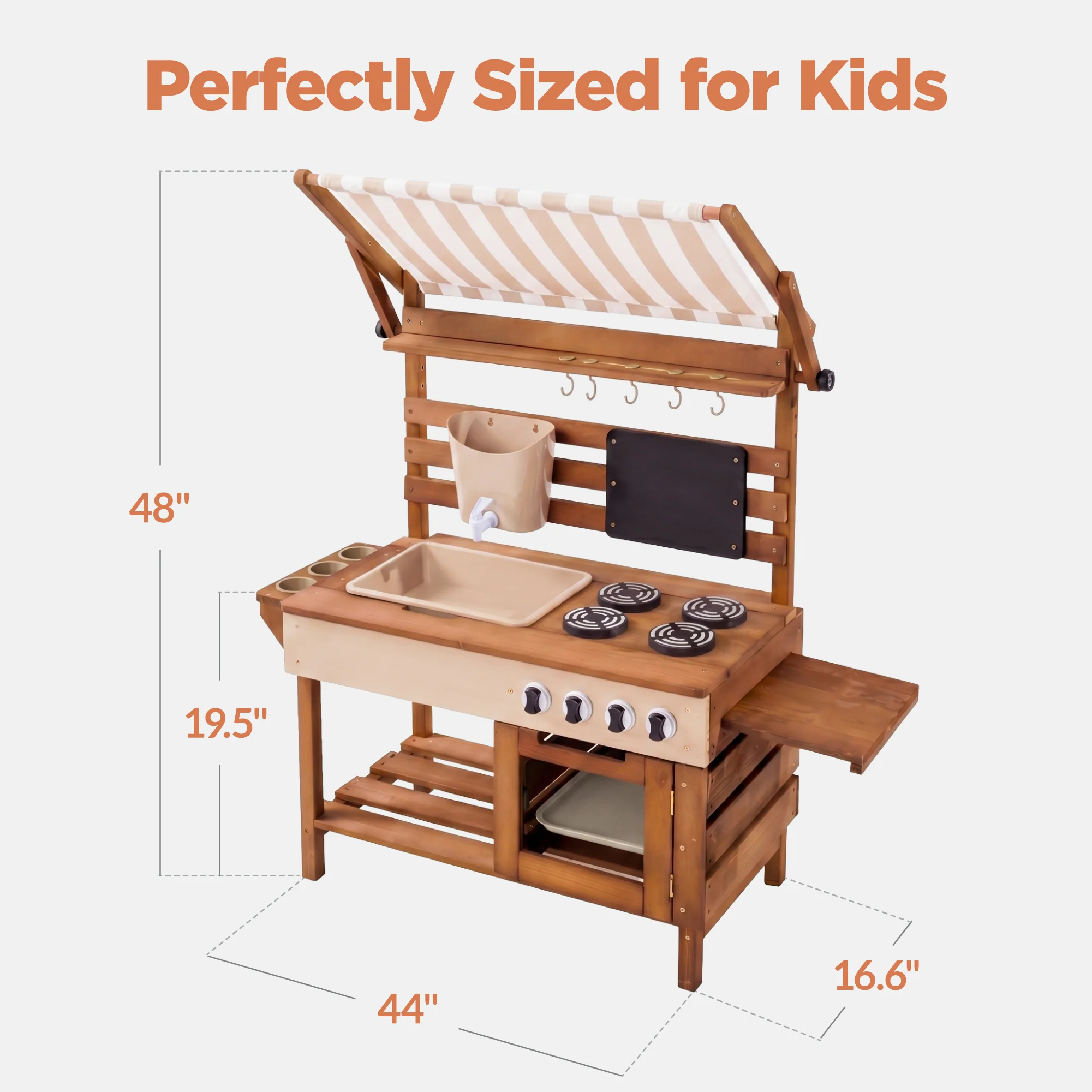 Deluxe Wooden Outdoor Mud Kitchen w/ Canopy, Sink, Faucet & 14pc Accessories - Image 10