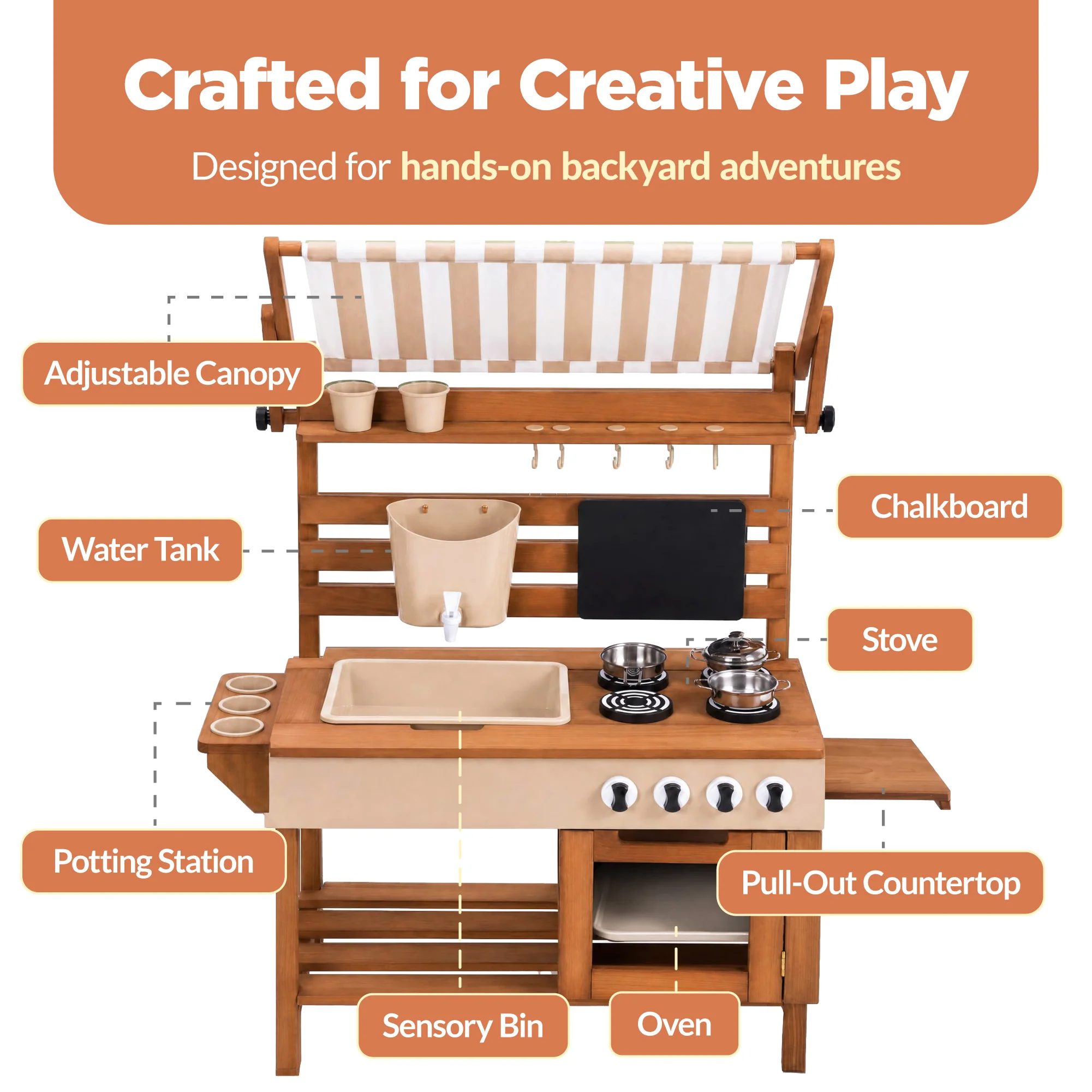 Deluxe Wooden Outdoor Mud Kitchen w/ Canopy, Sink, Faucet & 14pc Accessories - Image 13