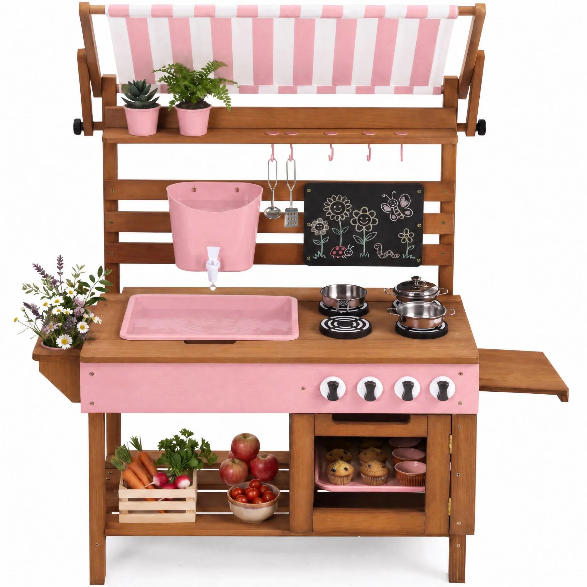 Deluxe Wooden Outdoor Mud Kitchen w/ Canopy, Sink, Faucet & 14pc Accessories - Image 17