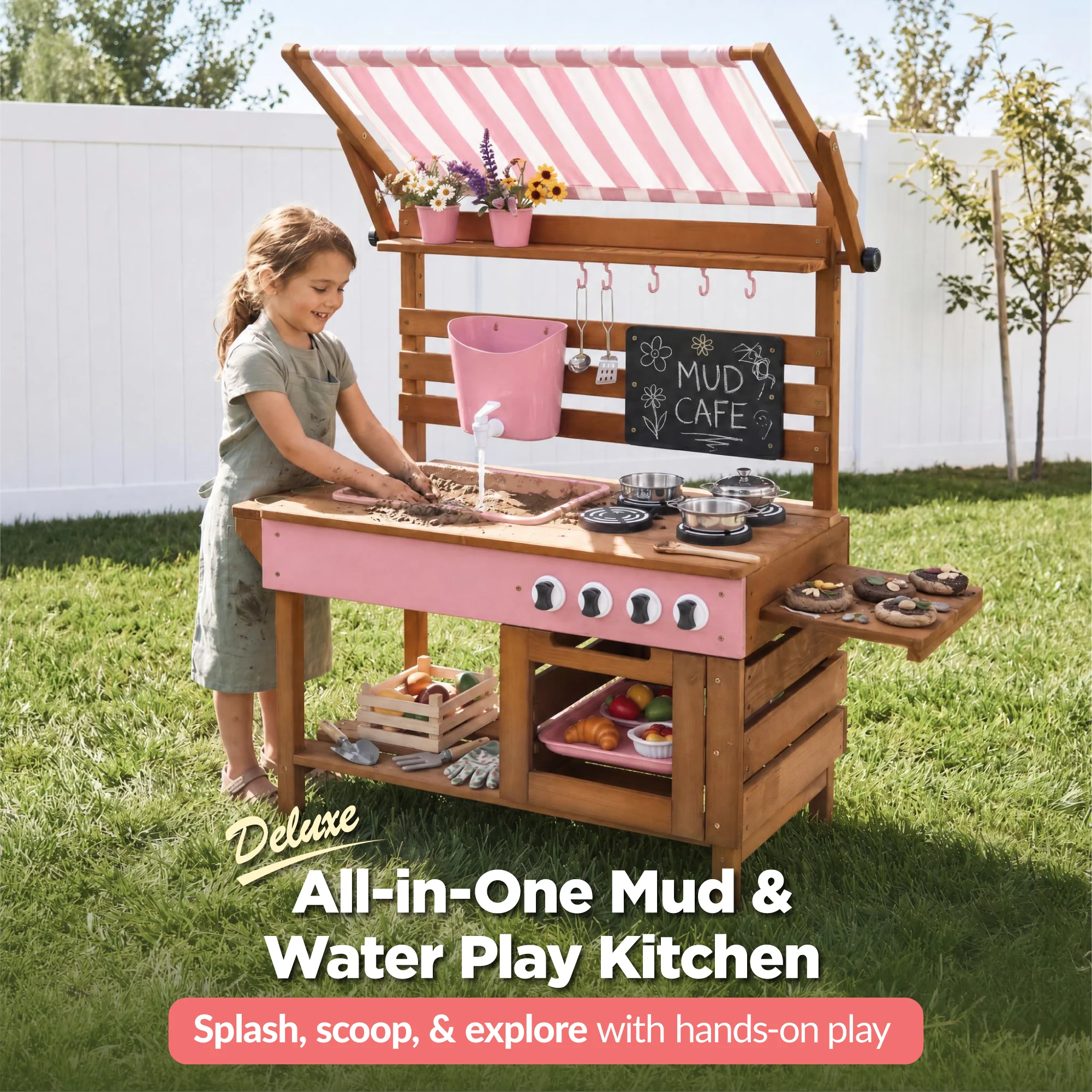 Deluxe Wooden Outdoor Mud Kitchen w/ Canopy, Sink, Faucet & 14pc Accessories - Image 19