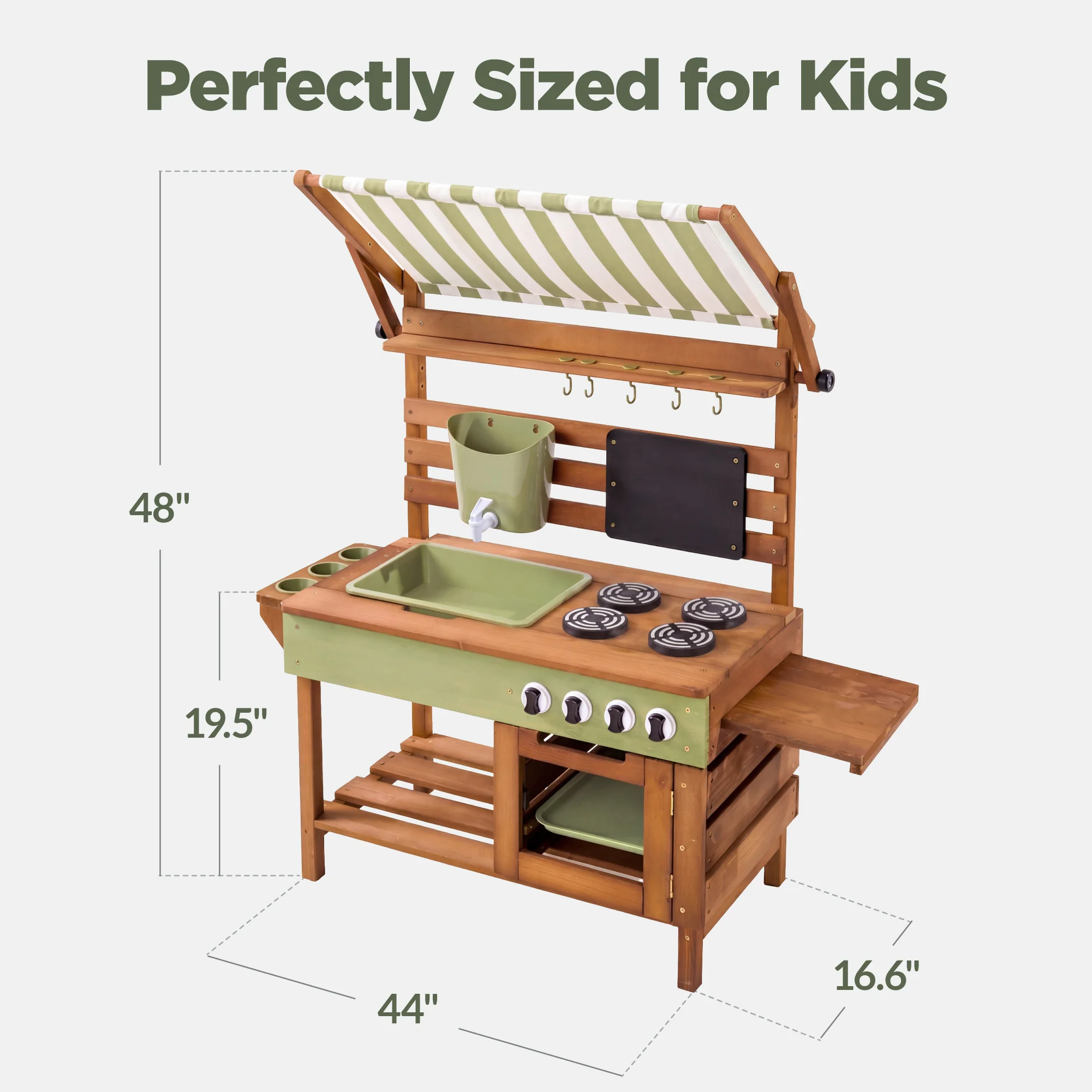 Deluxe Wooden Outdoor Mud Kitchen w/ Canopy, Sink, Faucet & 14pc Accessories - Image 2