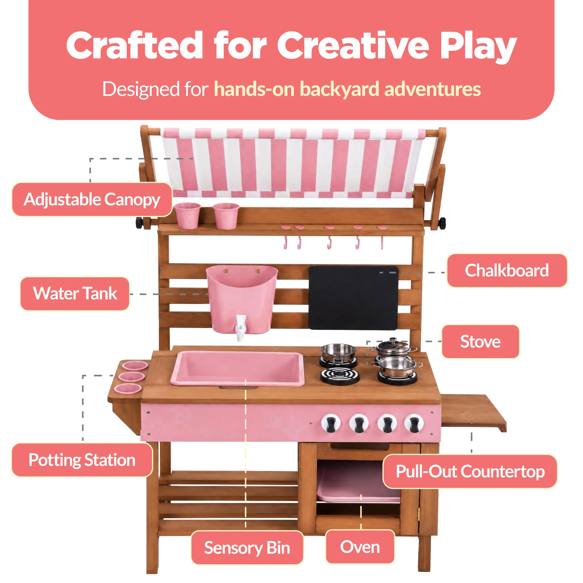 Deluxe Wooden Outdoor Mud Kitchen w/ Canopy, Sink, Faucet & 14pc Accessories - Image 21