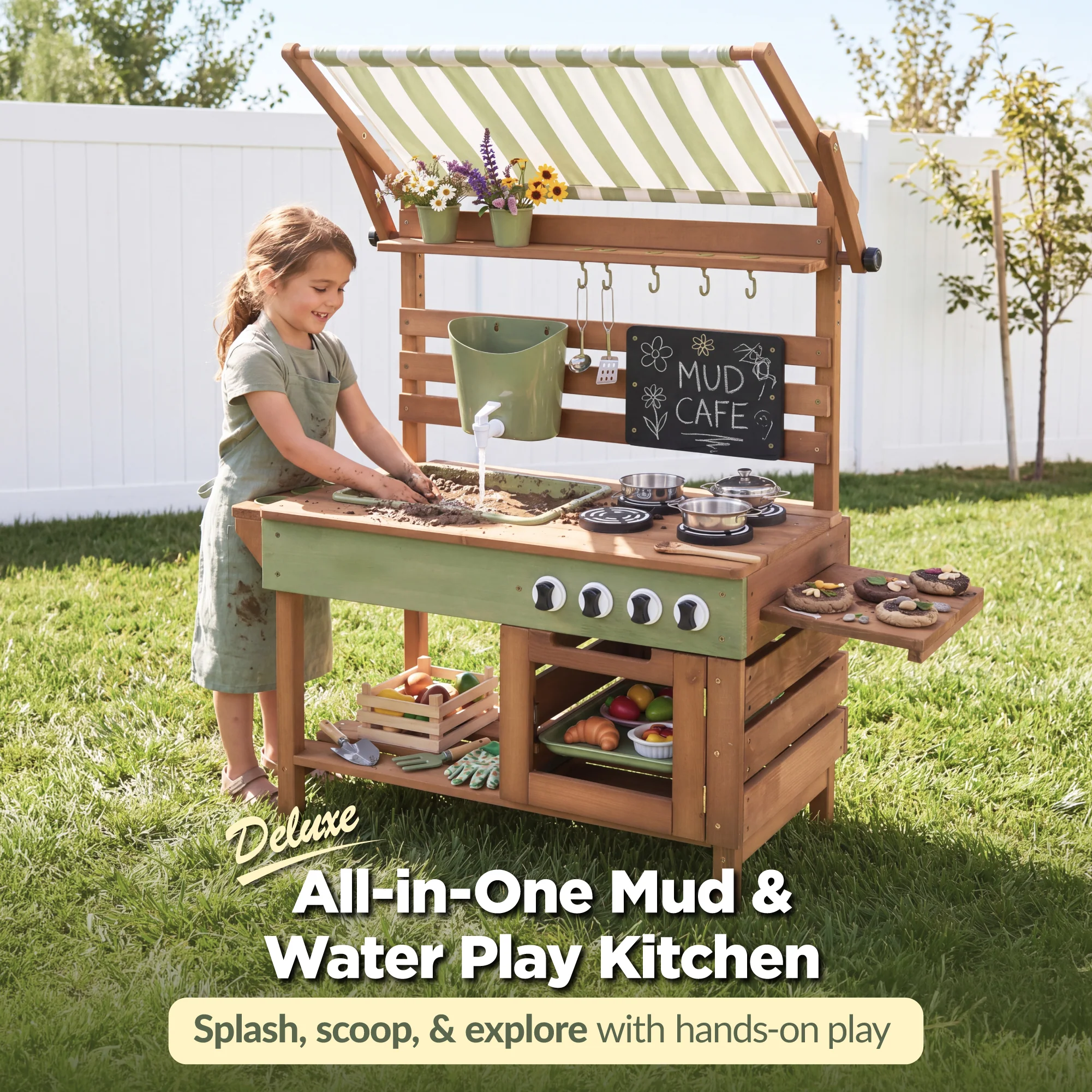 Deluxe Wooden Outdoor Mud Kitchen w/ Canopy, Sink, Faucet & 14pc Accessories - Image 3
