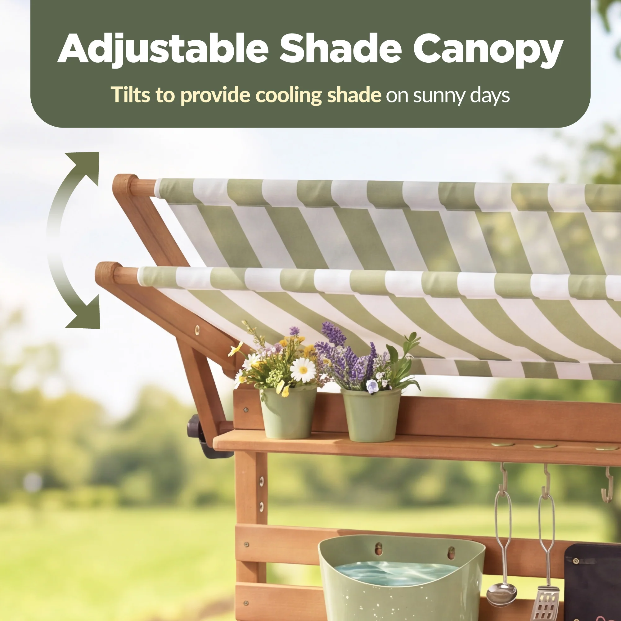 Deluxe Wooden Outdoor Mud Kitchen w/ Canopy, Sink, Faucet & 14pc Accessories - Image 4