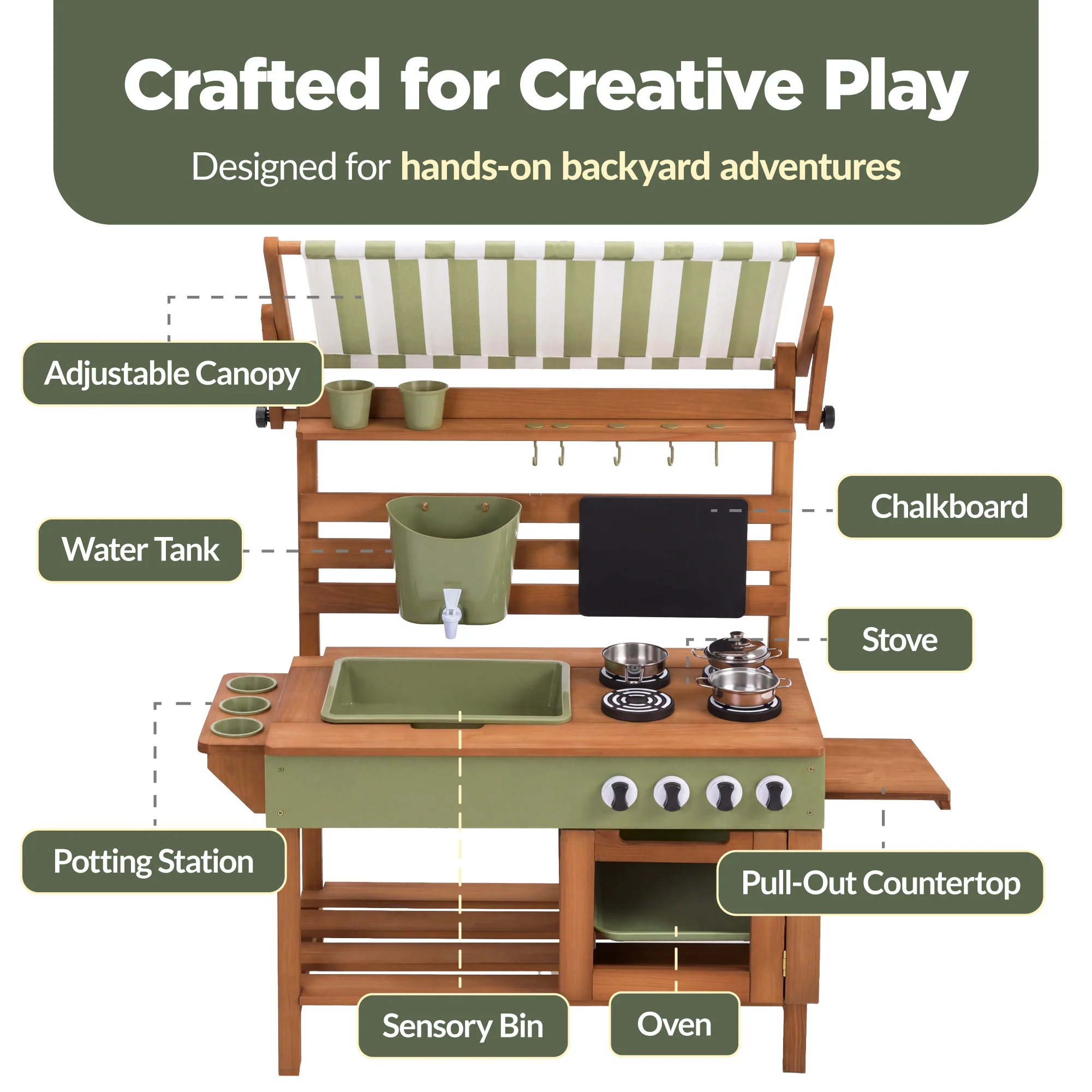Deluxe Wooden Outdoor Mud Kitchen w/ Canopy, Sink, Faucet & 14pc Accessories - Image 5