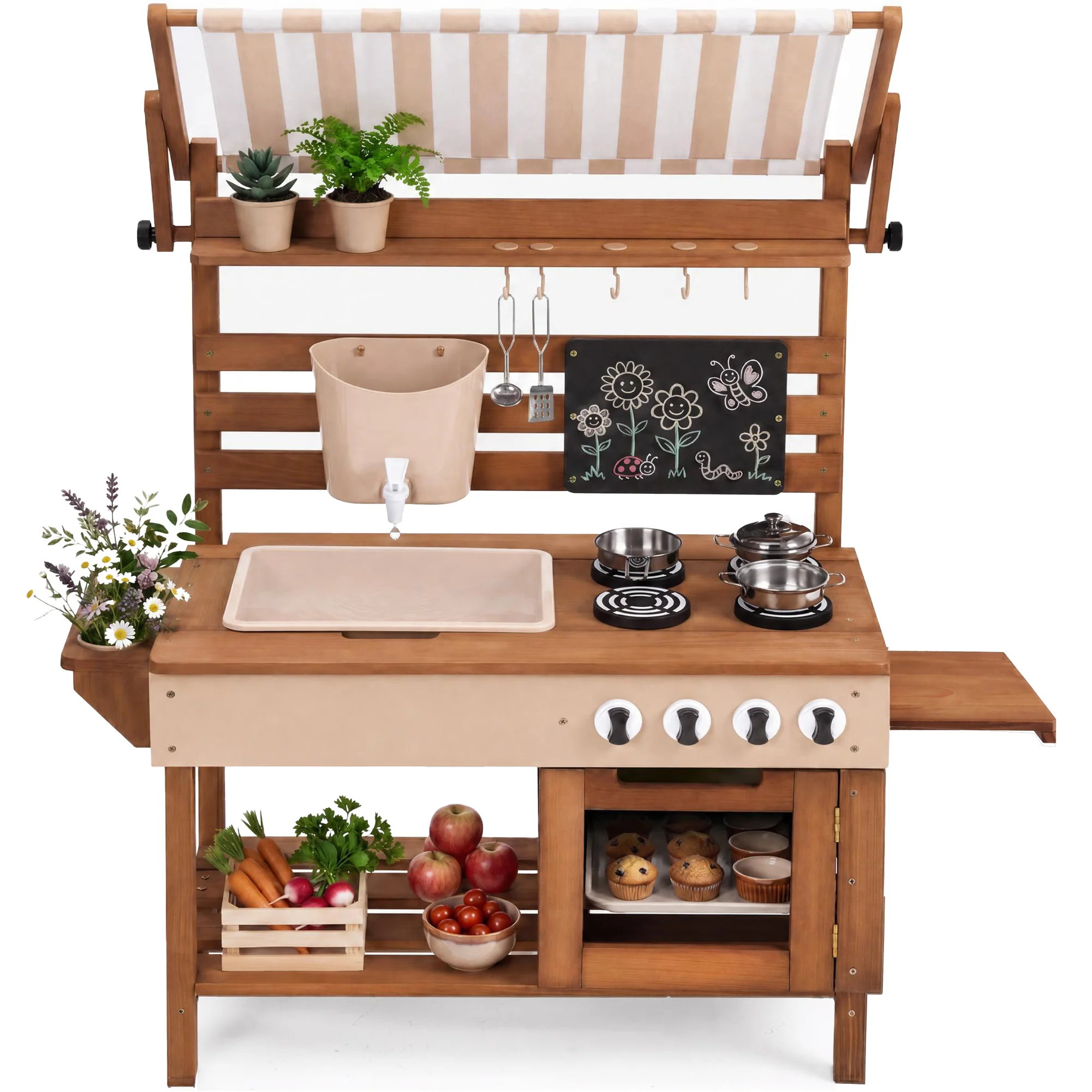 Deluxe Wooden Outdoor Mud Kitchen w/ Canopy, Sink, Faucet & 14pc Accessories - Image 9