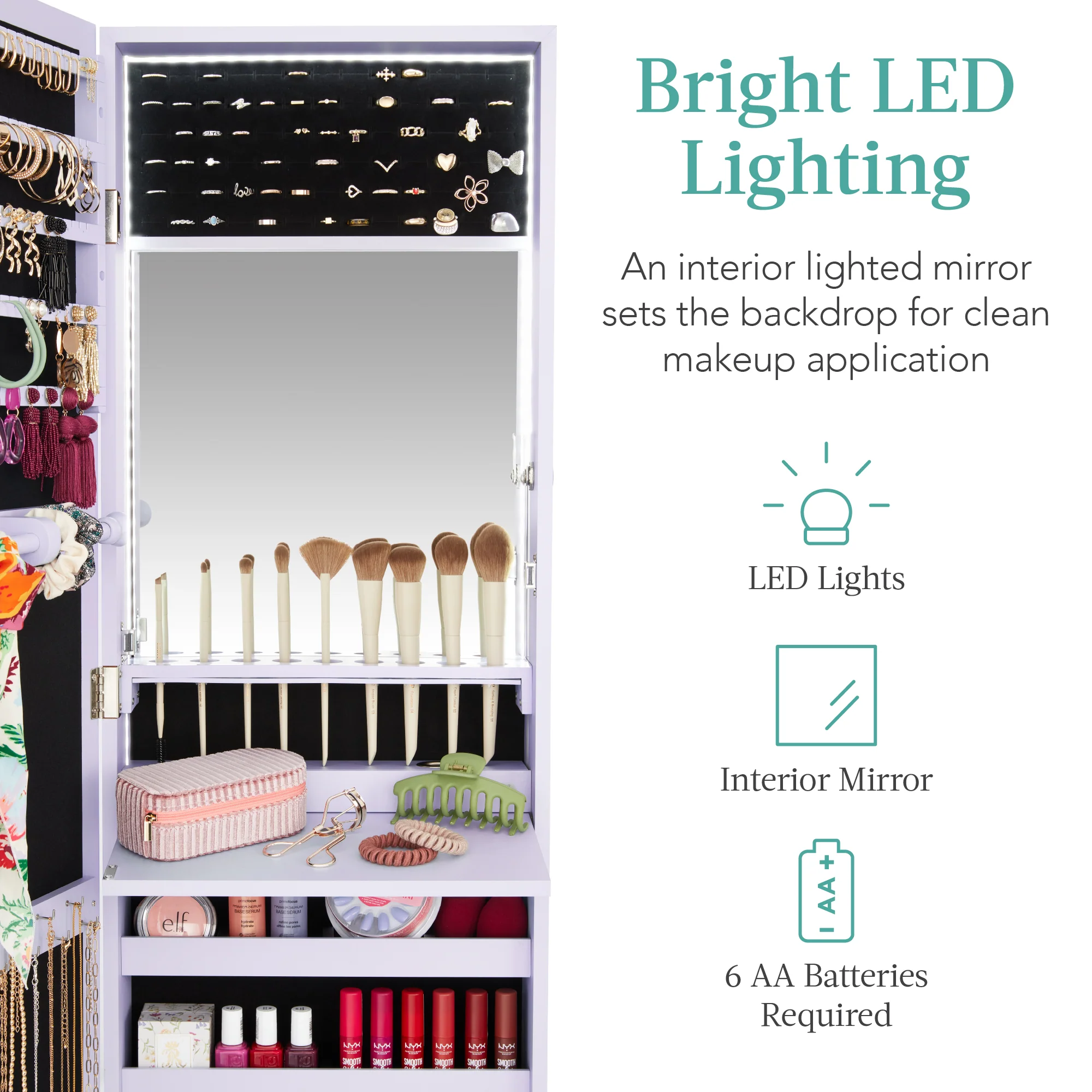 Door/Wall Mount Mirror Jewelry Cabinet Armoire w/ Inside Mirror, LED Lights - Image 17