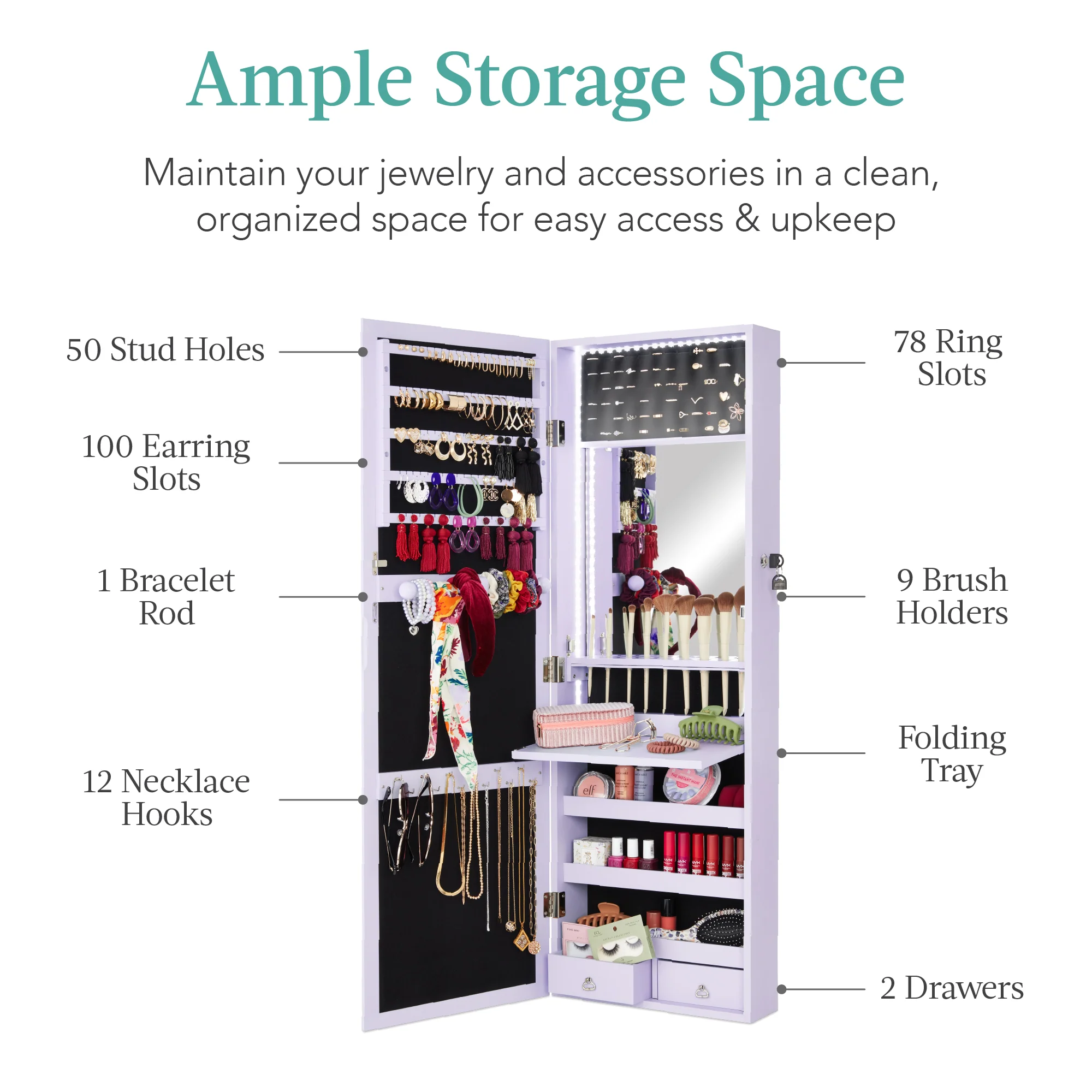 Door/Wall Mount Mirror Jewelry Cabinet Armoire w/ Inside Mirror, LED Lights - Image 18