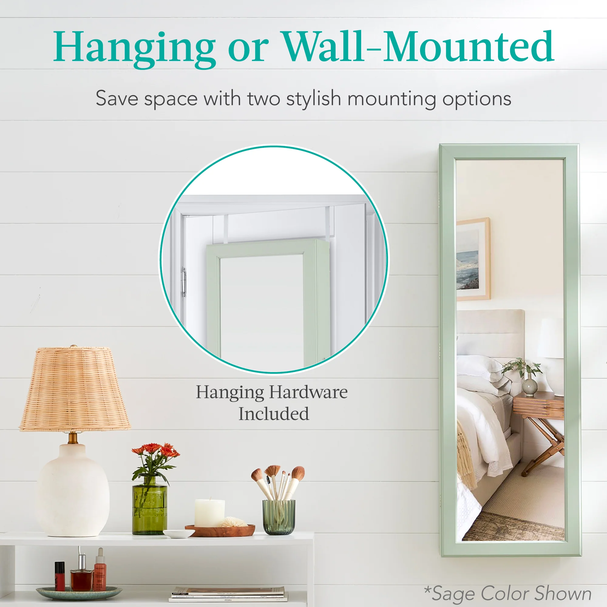 Door/Wall Mount Mirror Jewelry Cabinet Armoire w/ Inside Mirror, LED Lights - Image 23