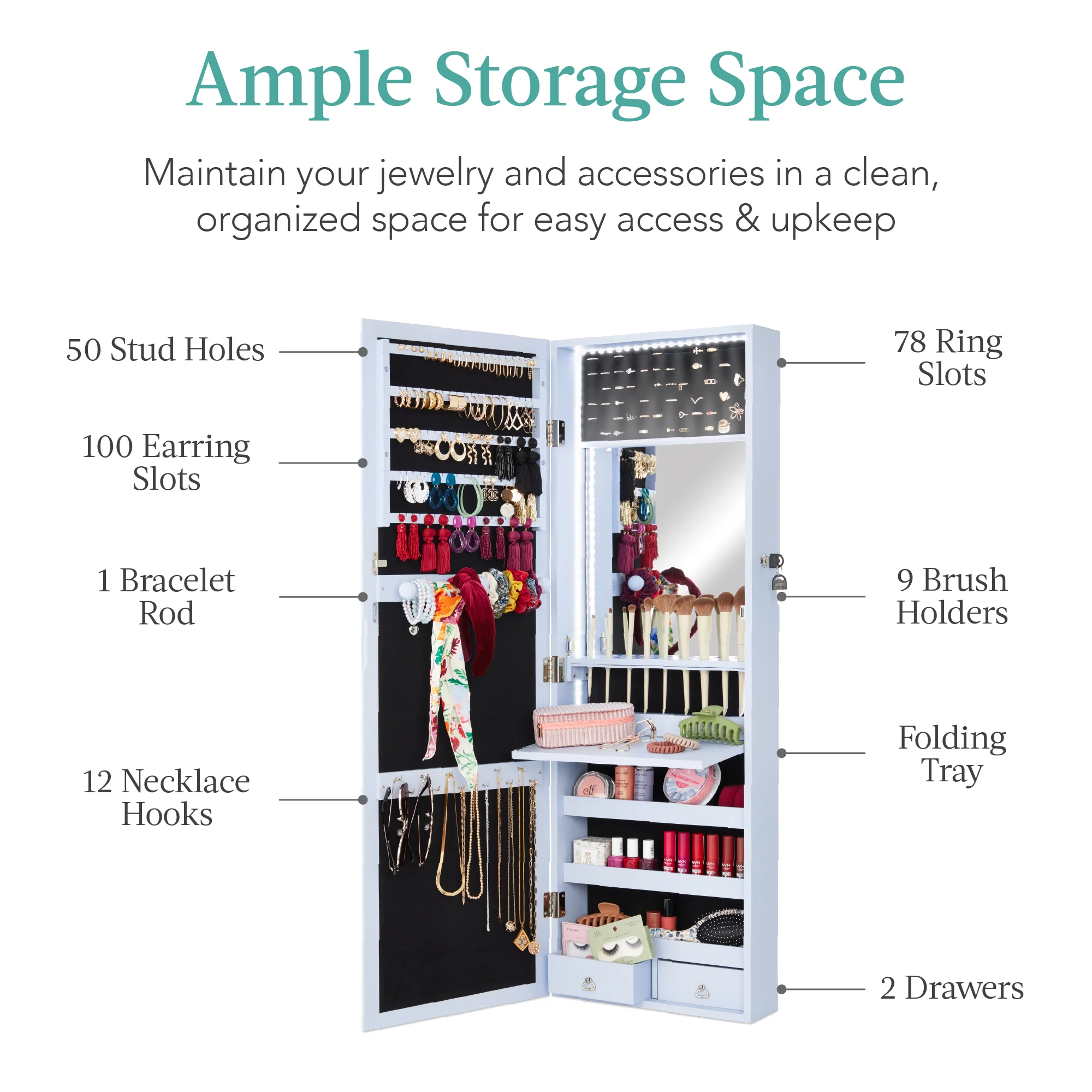 Door/Wall Mount Mirror Jewelry Cabinet Armoire w/ Inside Mirror, LED Lights - Image 25