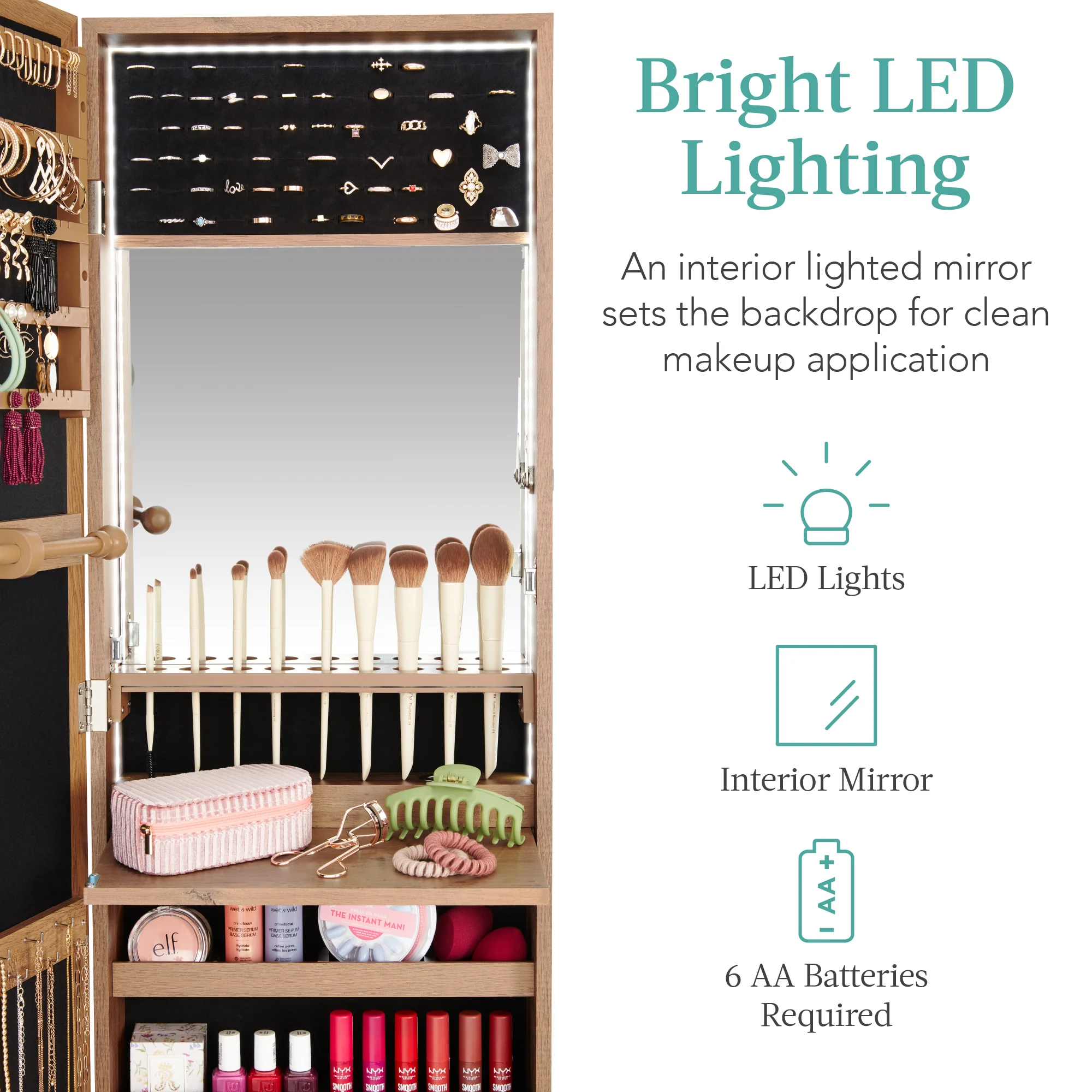 Door/Wall Mount Mirror Jewelry Cabinet Armoire w/ Inside Mirror, LED Lights - Image 31