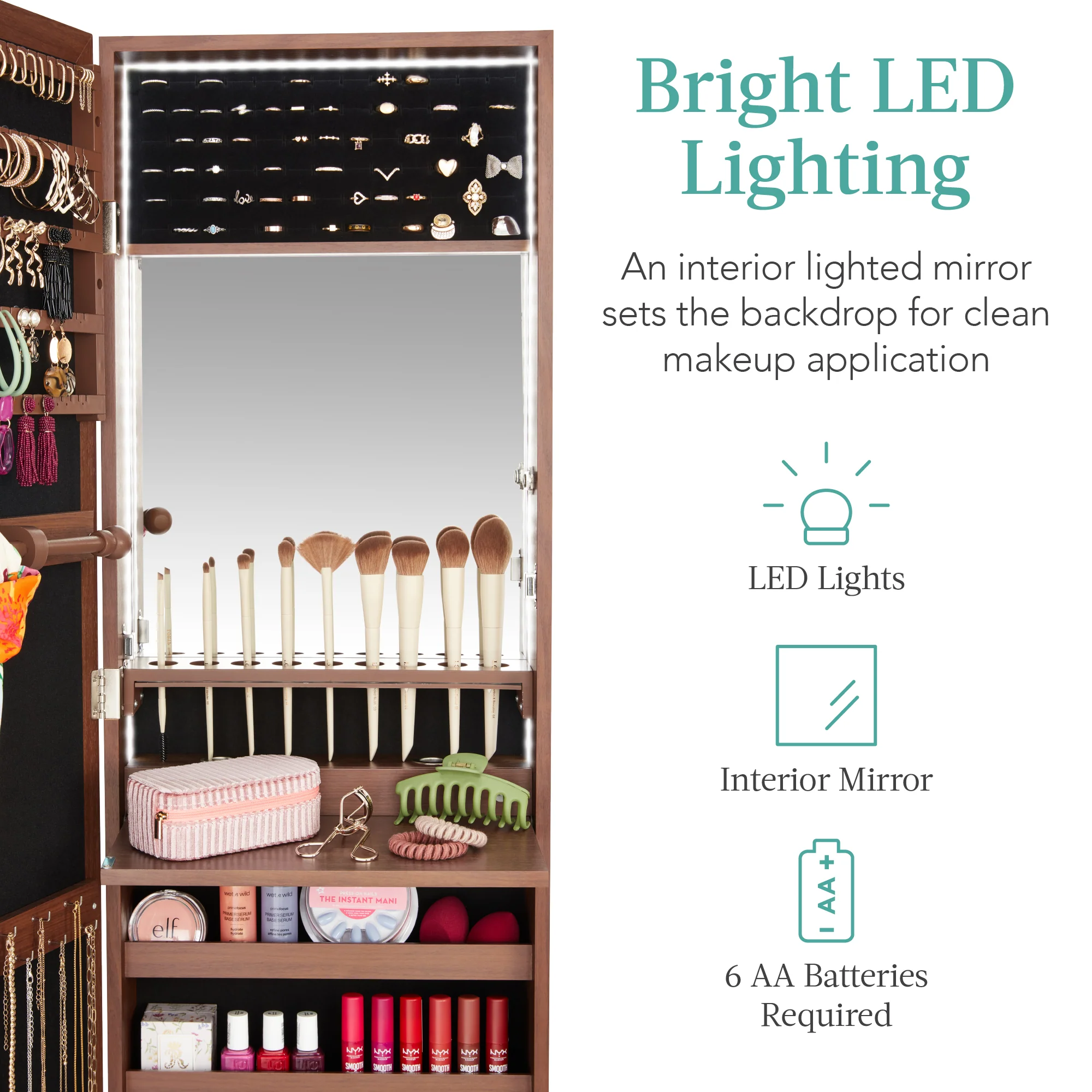 Door/Wall Mount Mirror Jewelry Cabinet Armoire w/ Inside Mirror, LED Lights - Image 45