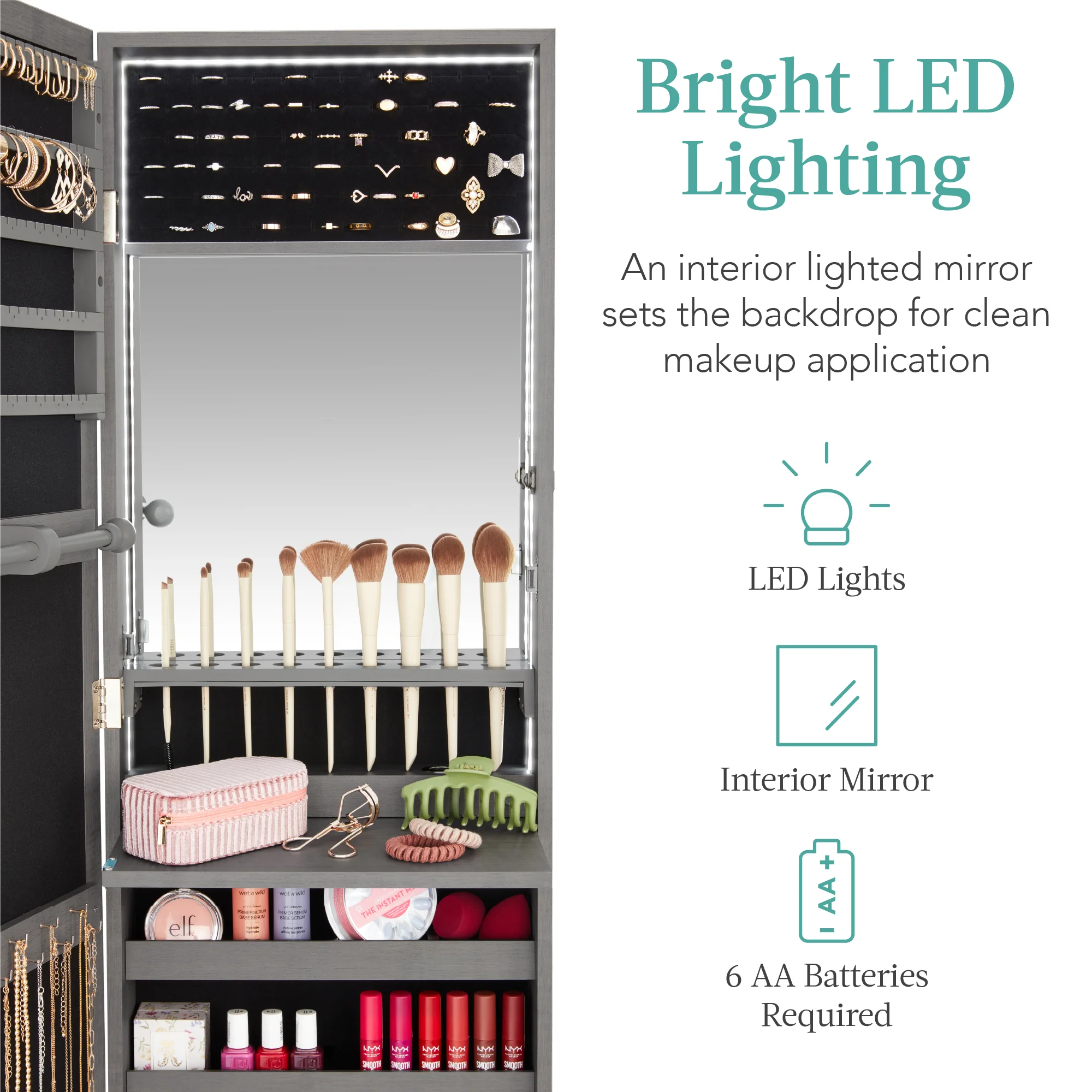 Door/Wall Mount Mirror Jewelry Cabinet Armoire w/ Inside Mirror, LED Lights - Image 66