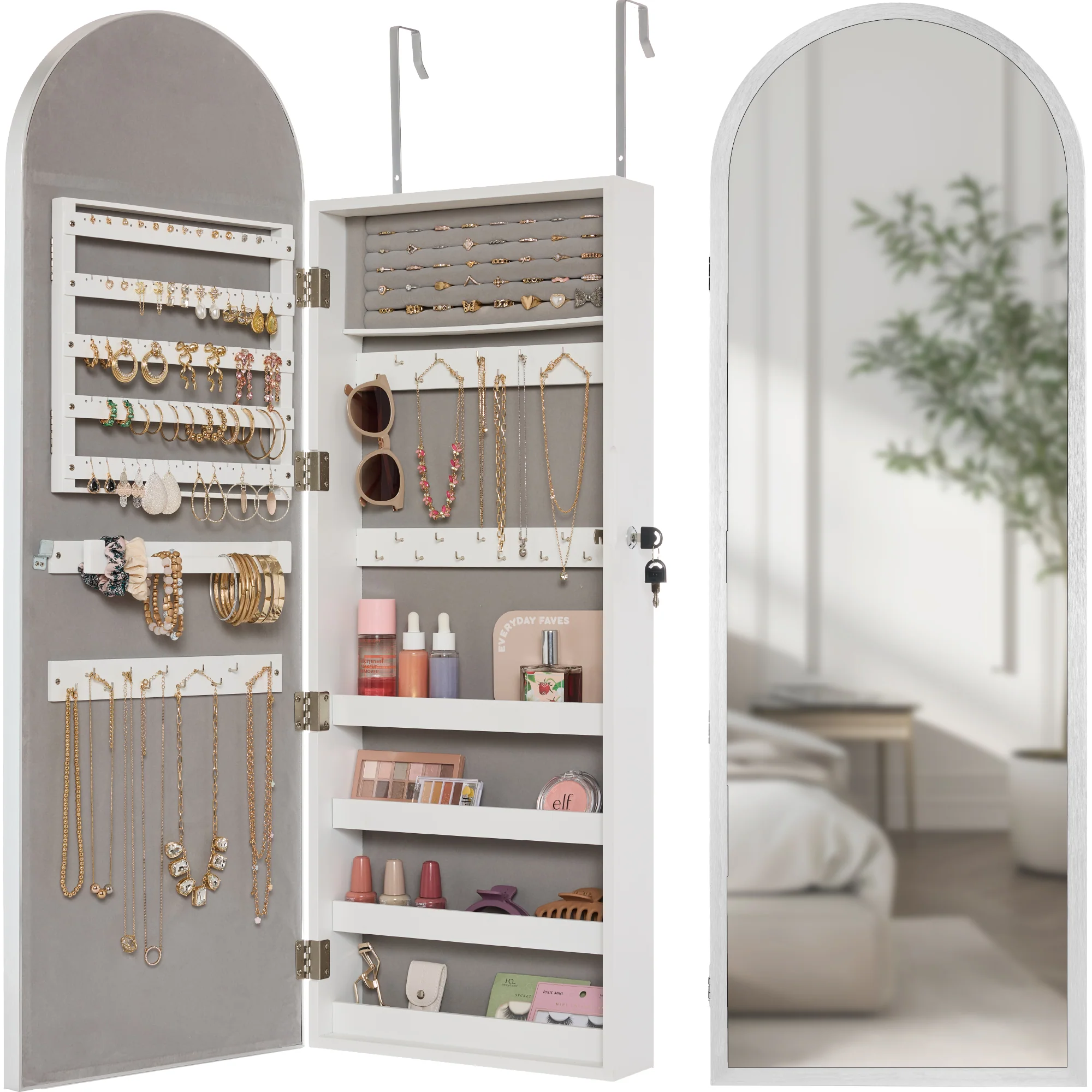 Door/Wall Mounted Arch Mirror Jewelry Armoire, w/ Metal Frame, Built-In Lock