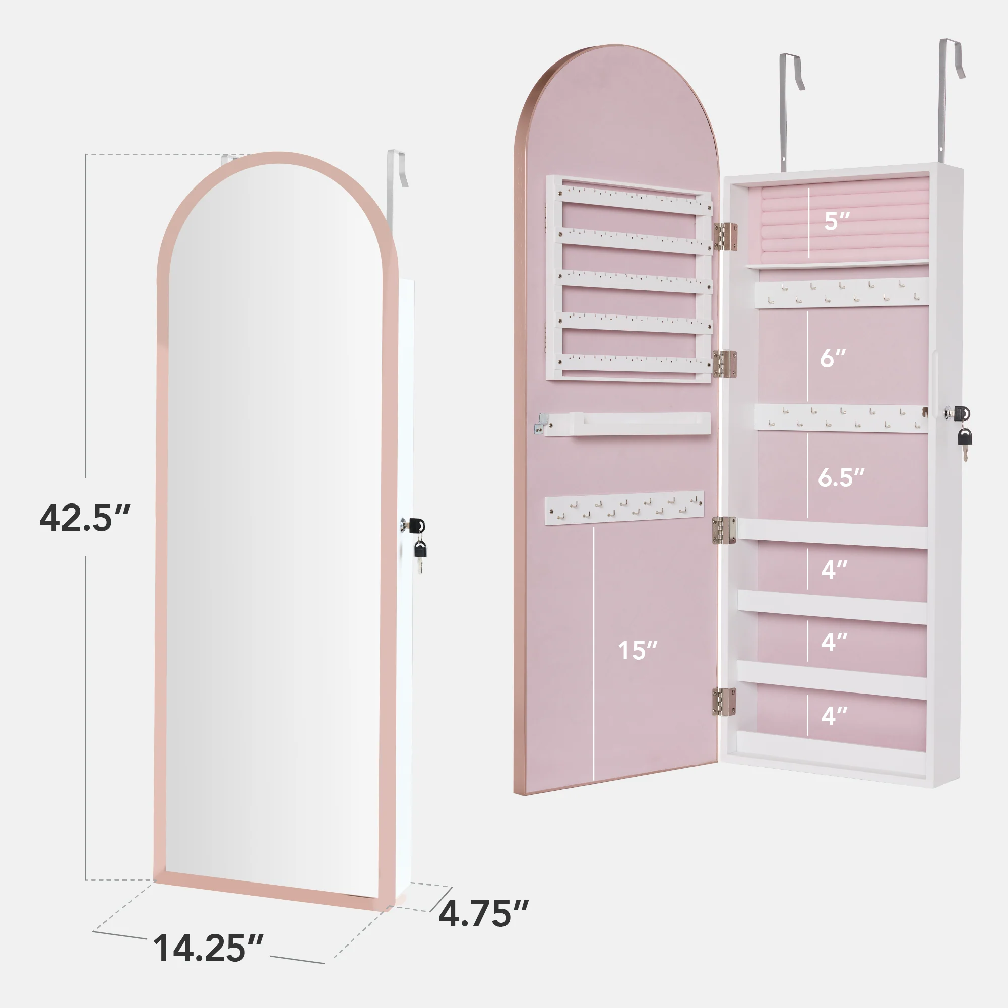 Door/Wall Mounted Arch Mirror Jewelry Armoire, w/ Metal Frame, Built-In Lock - Image 10